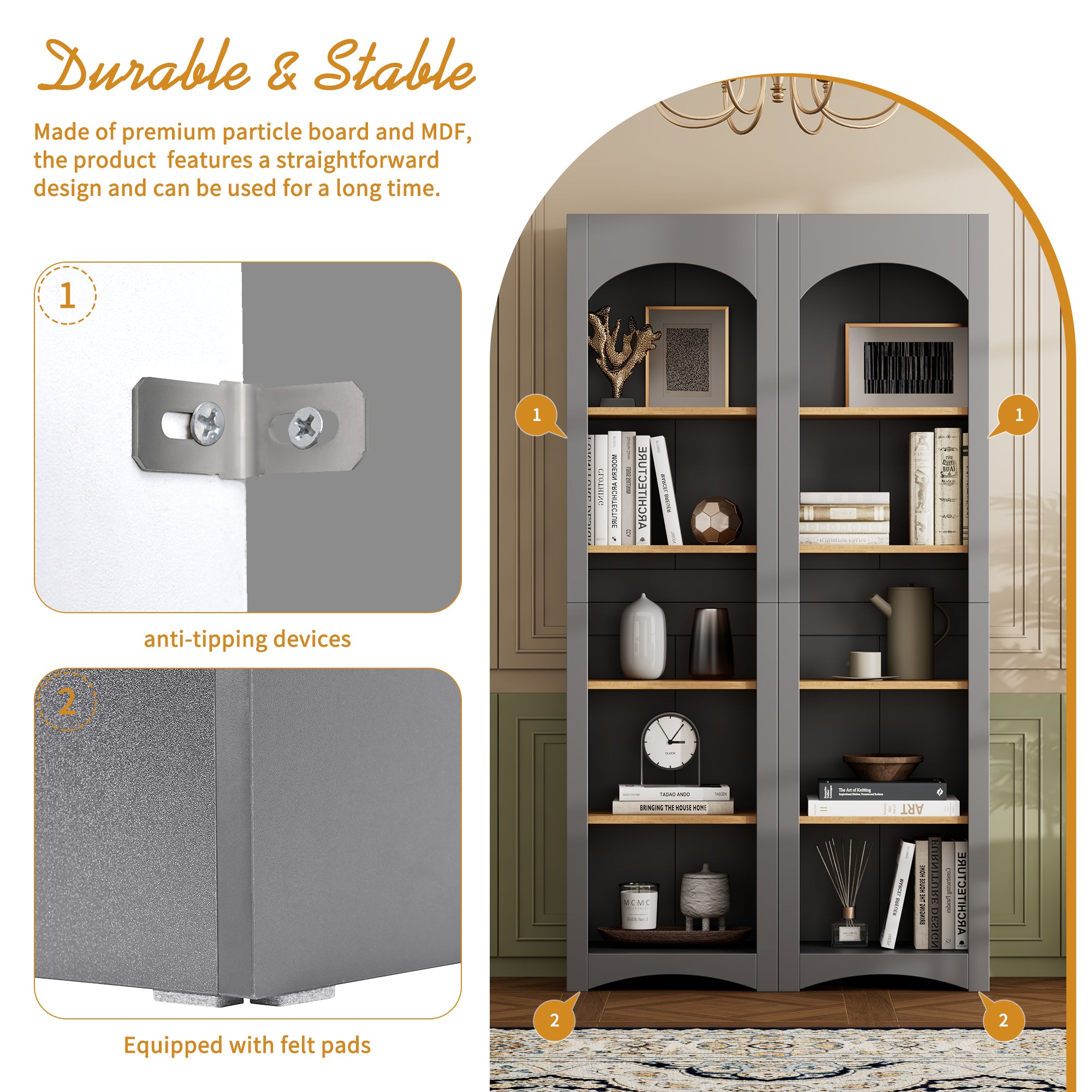 ON-TREND Free Standing 5 Tier Bookshelves, Bookcases Set Of 2, Farmhouse Two-Tone Storage Cabinet With Adjustable Shelves, Modern 72H Kitchen Pantry Cabinet For Living Room, Home Office, Grey