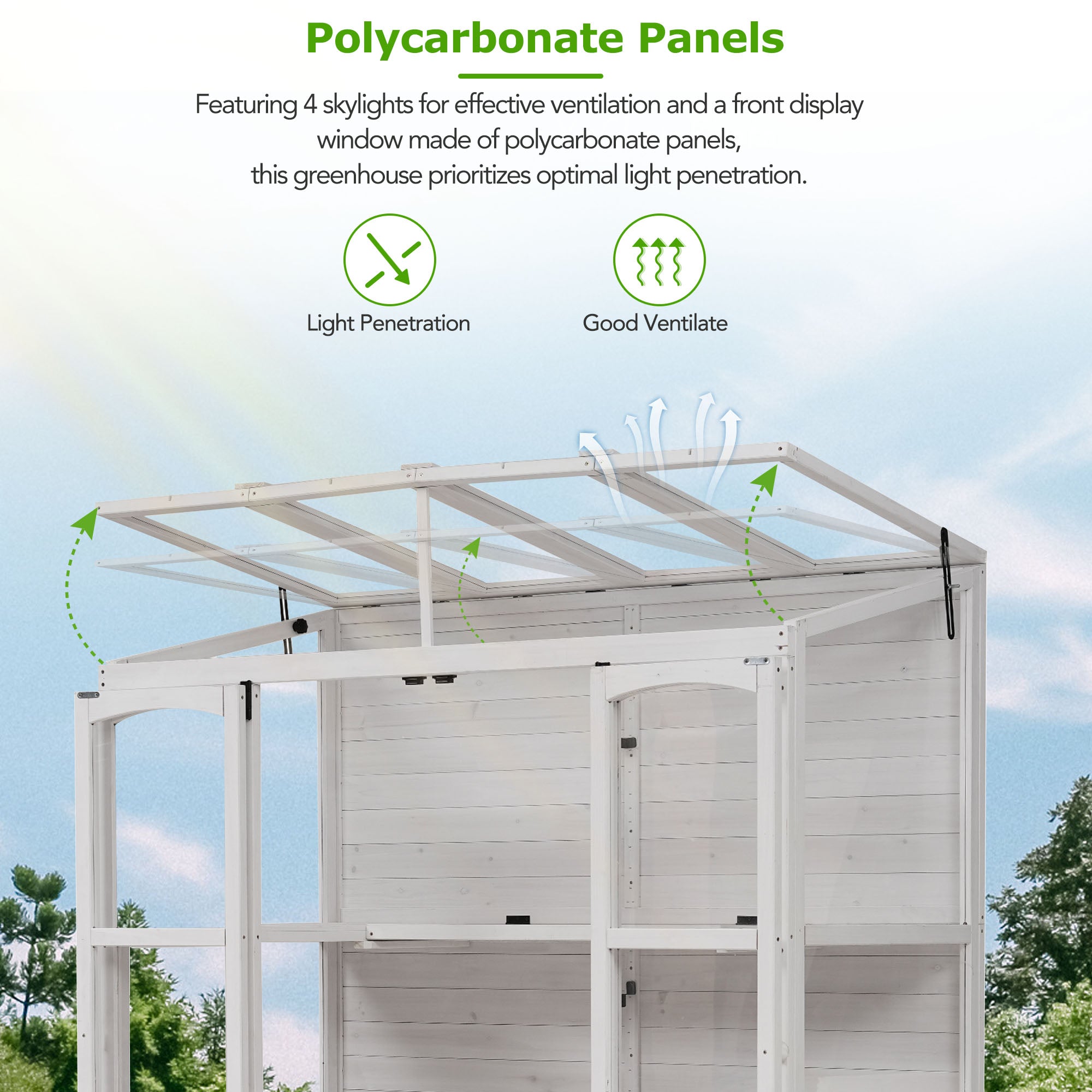TOPMAX 78-inch Wooden Greenhouse Cold Frame With 4 Independent Skylights And 2 Folding Middle Shelves, Walk-in Outdoor Greenhouse, White
