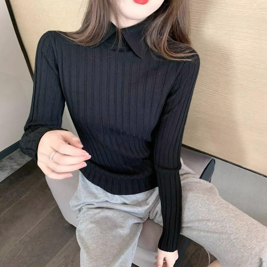 Early Autumn Winter Thread Sunken Stripe Slim Fit Pullover Inner Wear Knitted Bottoming Shirt Lapel Long Sleeve Sweater