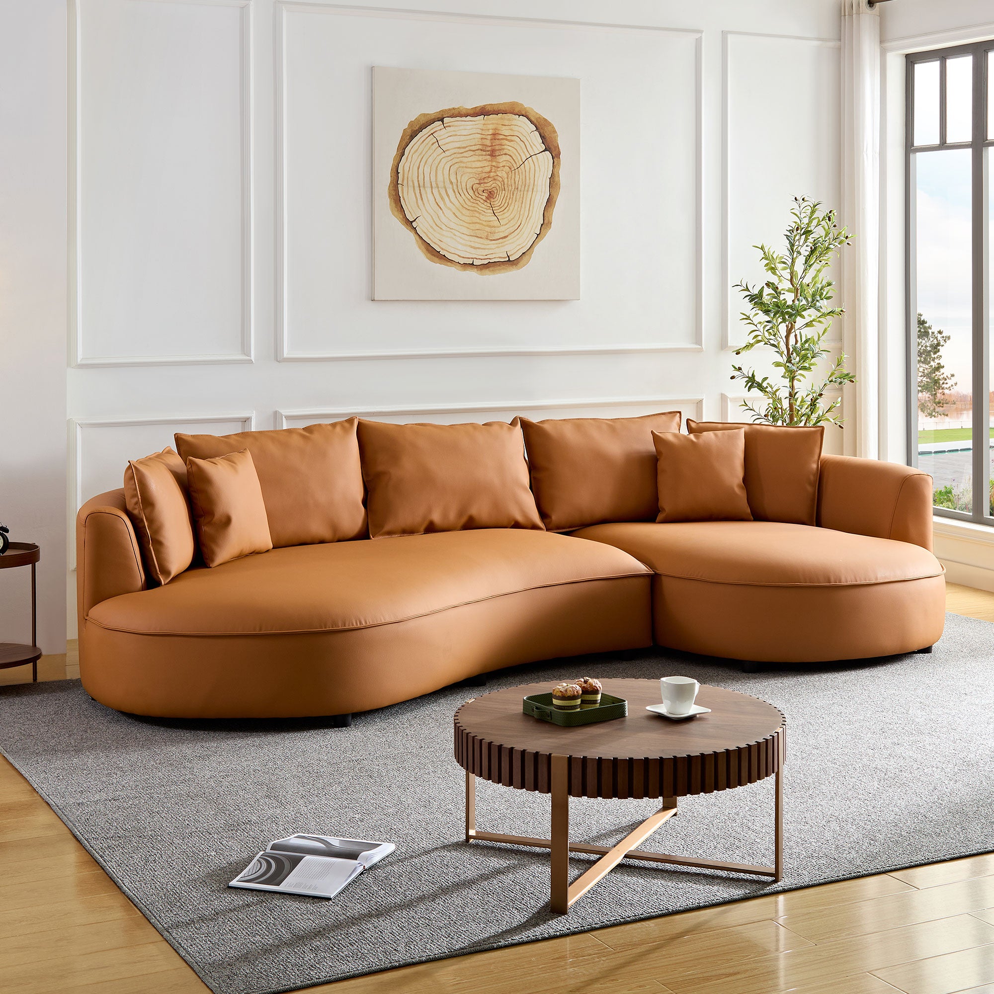 Modern Sectional Curved Sofa Couch For Living Room,Upholstered 5-Seat Sofa Couch Eco-leather Couch Set For Apartment Office,Orange