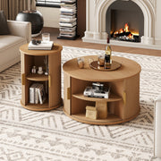Mid-Century Coffee Table Set With Sliding Tambour Door, Round Fluted End Table With Storage, Golden Handle Tall & Low Side Table With Wooden Finish For Living Room, Set Of Two ,Natural