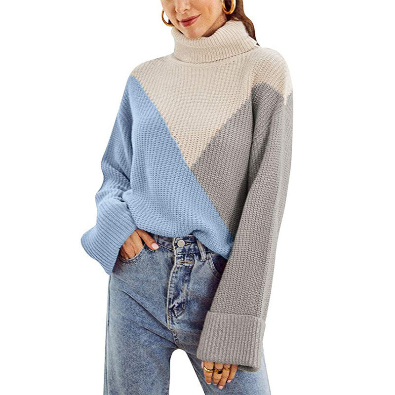 Long-sleeved stitching turtleneck sweater