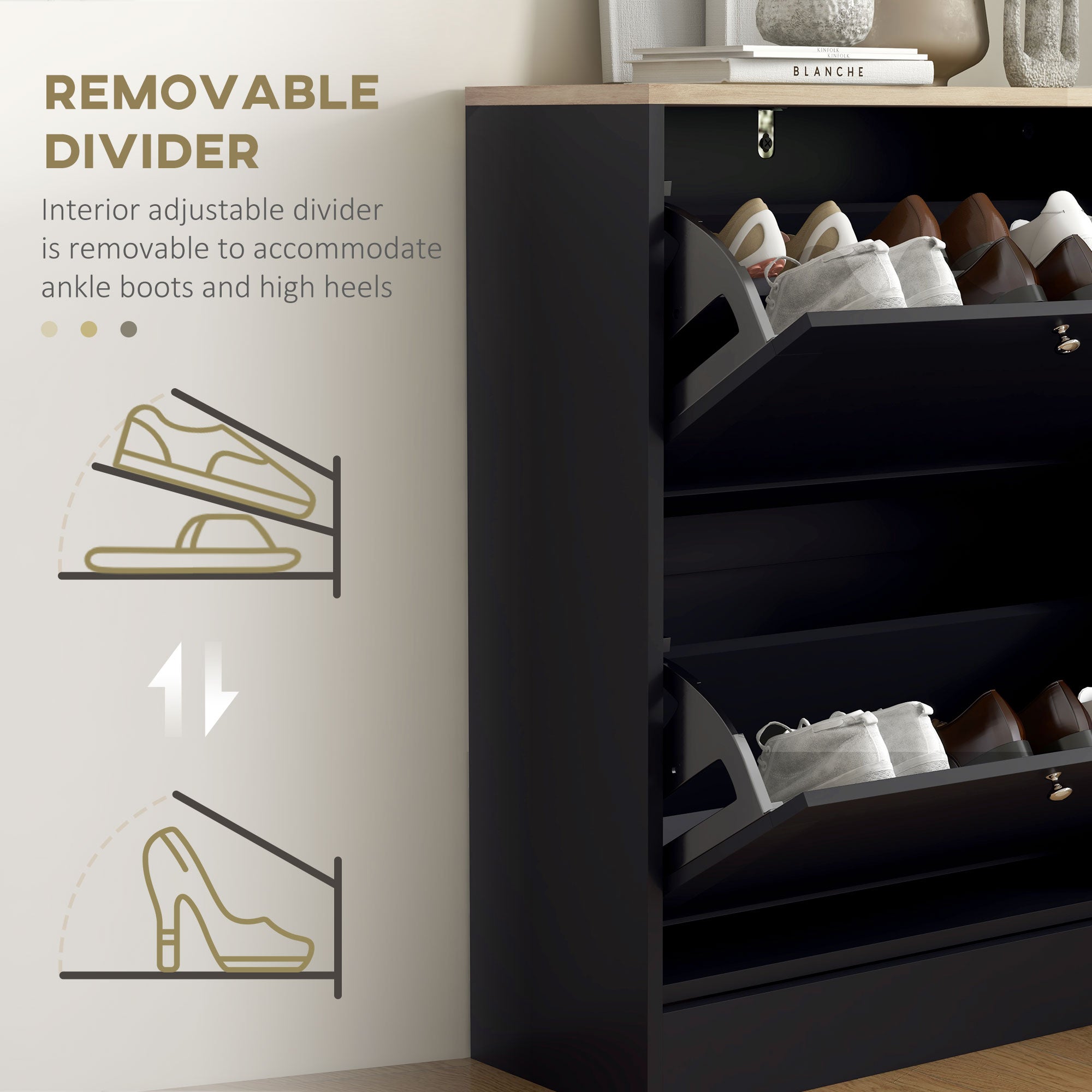 Slim Shoe Storage Cabinet, Modern Shoe Cabinet with 2 Flip Drawers and Adjustable Shelves for 8-12 Pairs, Black