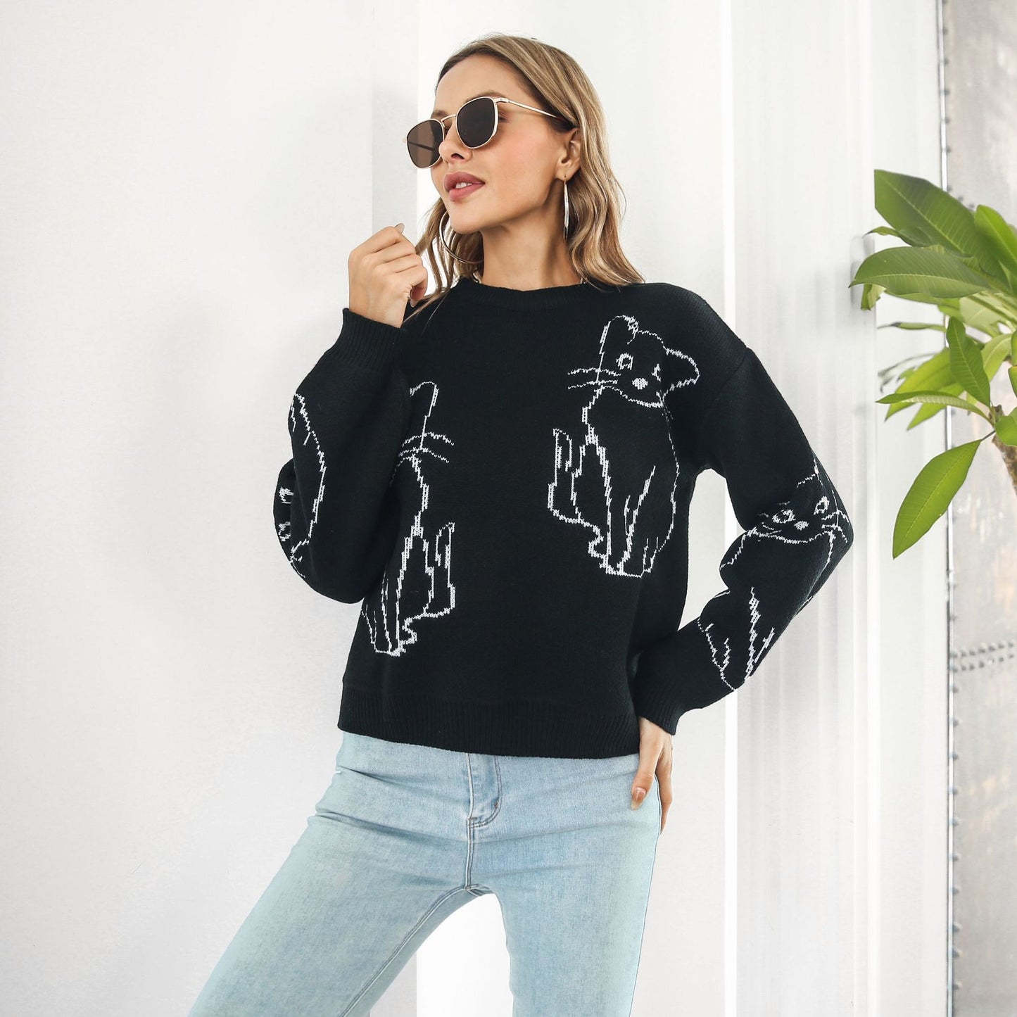 Loose Autumn And Winter Long Sleeve Cat Brocade Sweater Women