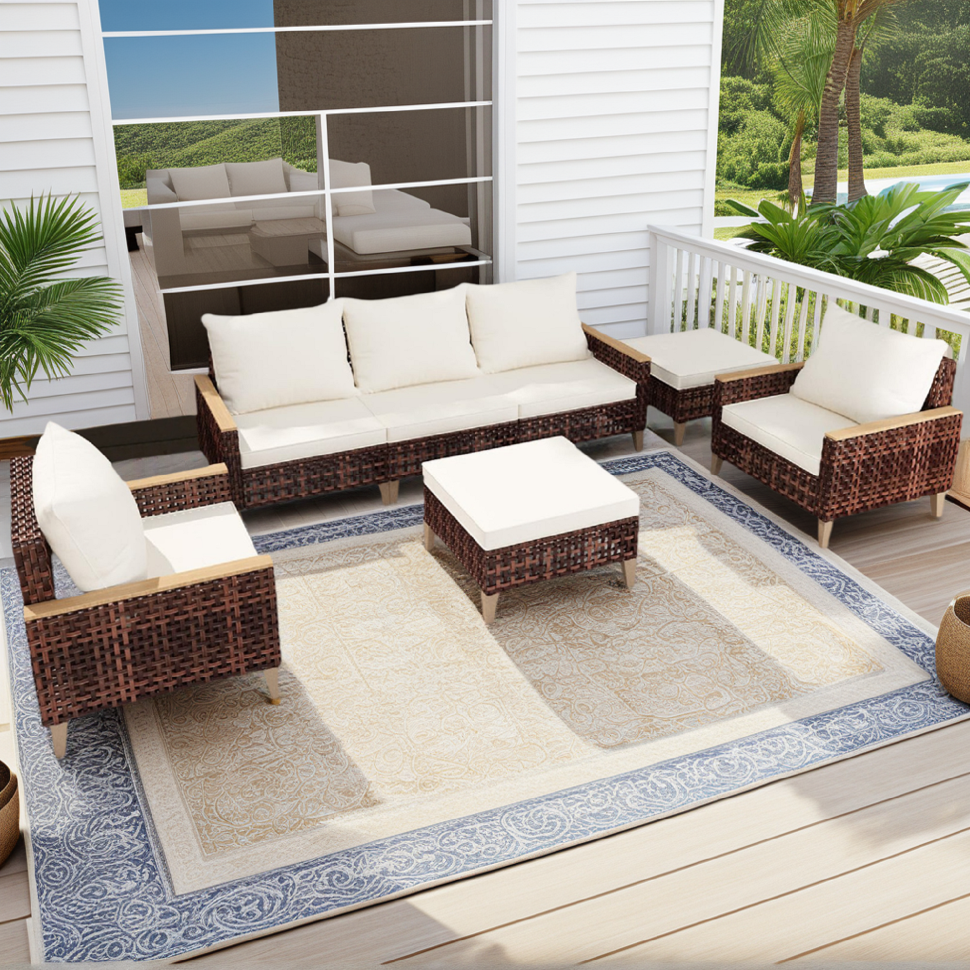 High Footed Hollowed Out Rattan Terrace Furniture Set, 5 Pieces, 7 Seats, Sofa Set With Cushion, 4-inch Thick Cushion, White