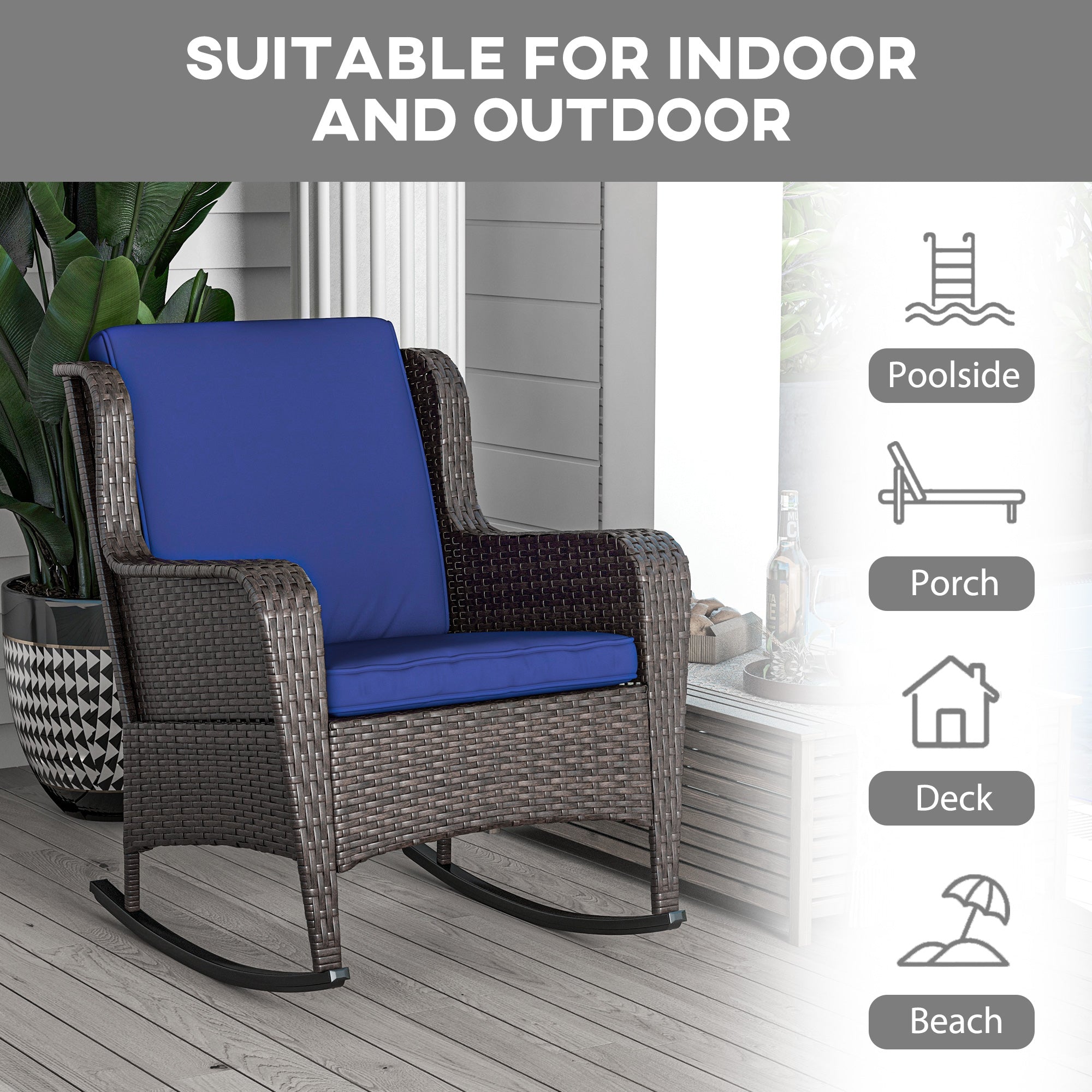 Outdoor Wicker Rocking Chair, Rattan Rocker with Cushions, Steel Frame for Patio, Garden, Backyard, Dark Blue