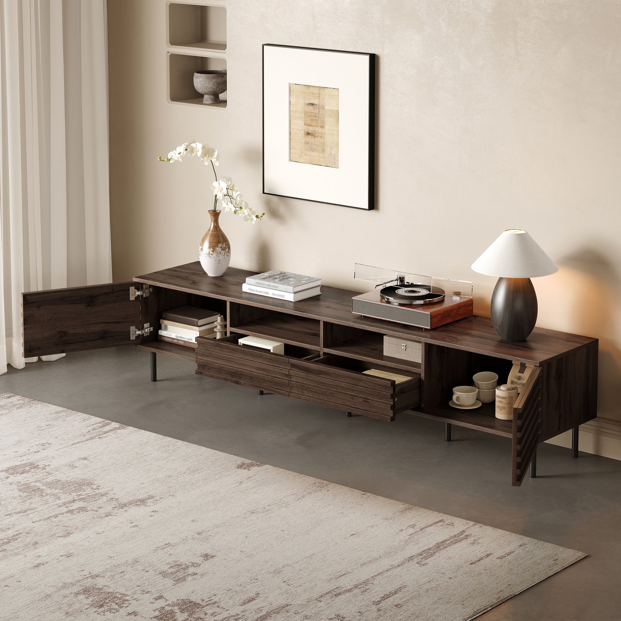 78 Inch Modern TV Stand For TVs Up To 85, Entertainment Center With Closed Storage & Cable Management, Soft-Closing Hinges, Iron Legs For Living Room