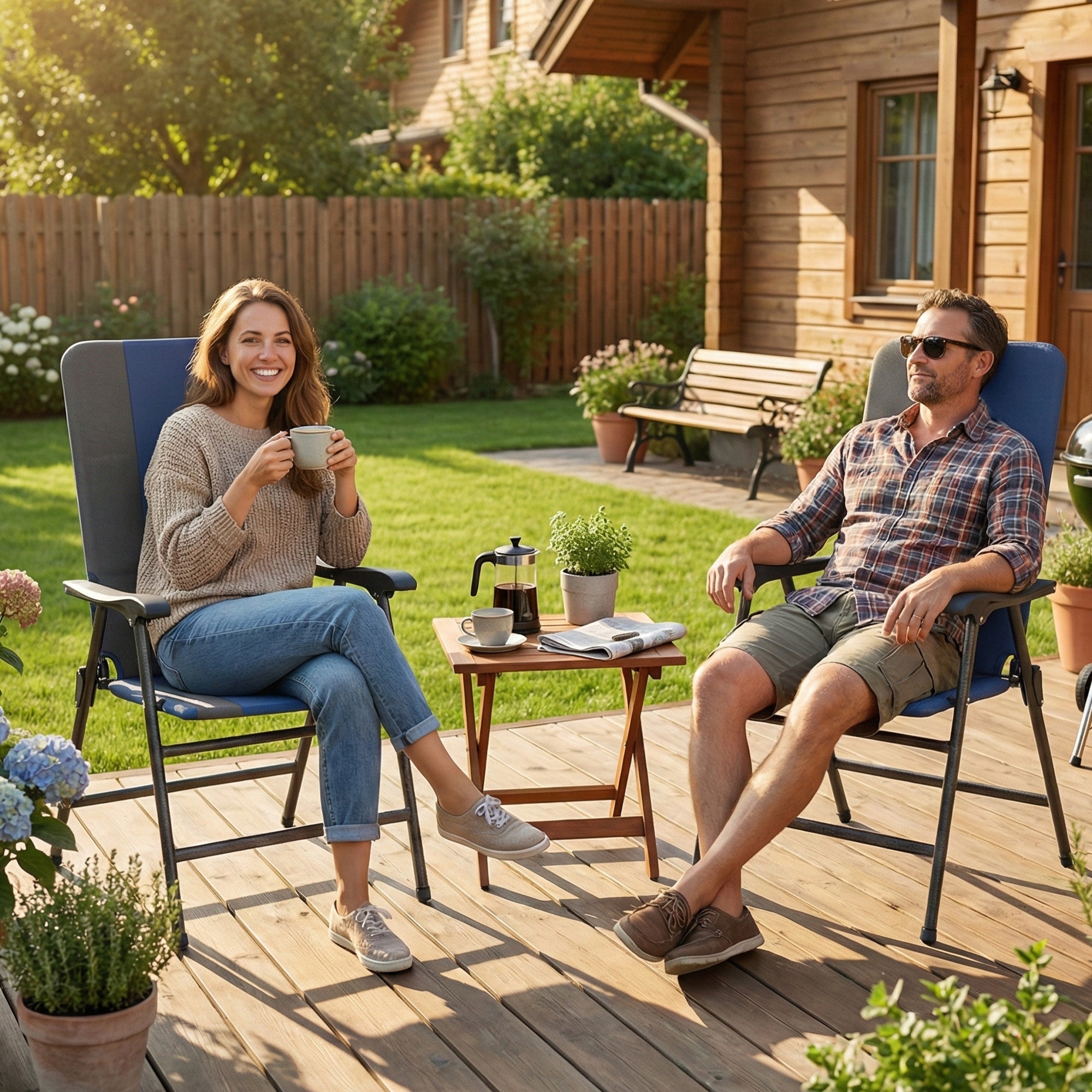 Folding Patio Chairs Set of 2, Padded High Back Lawn Camping Chairs with Armrests, 600D Oxford Fabric, Dark Blue