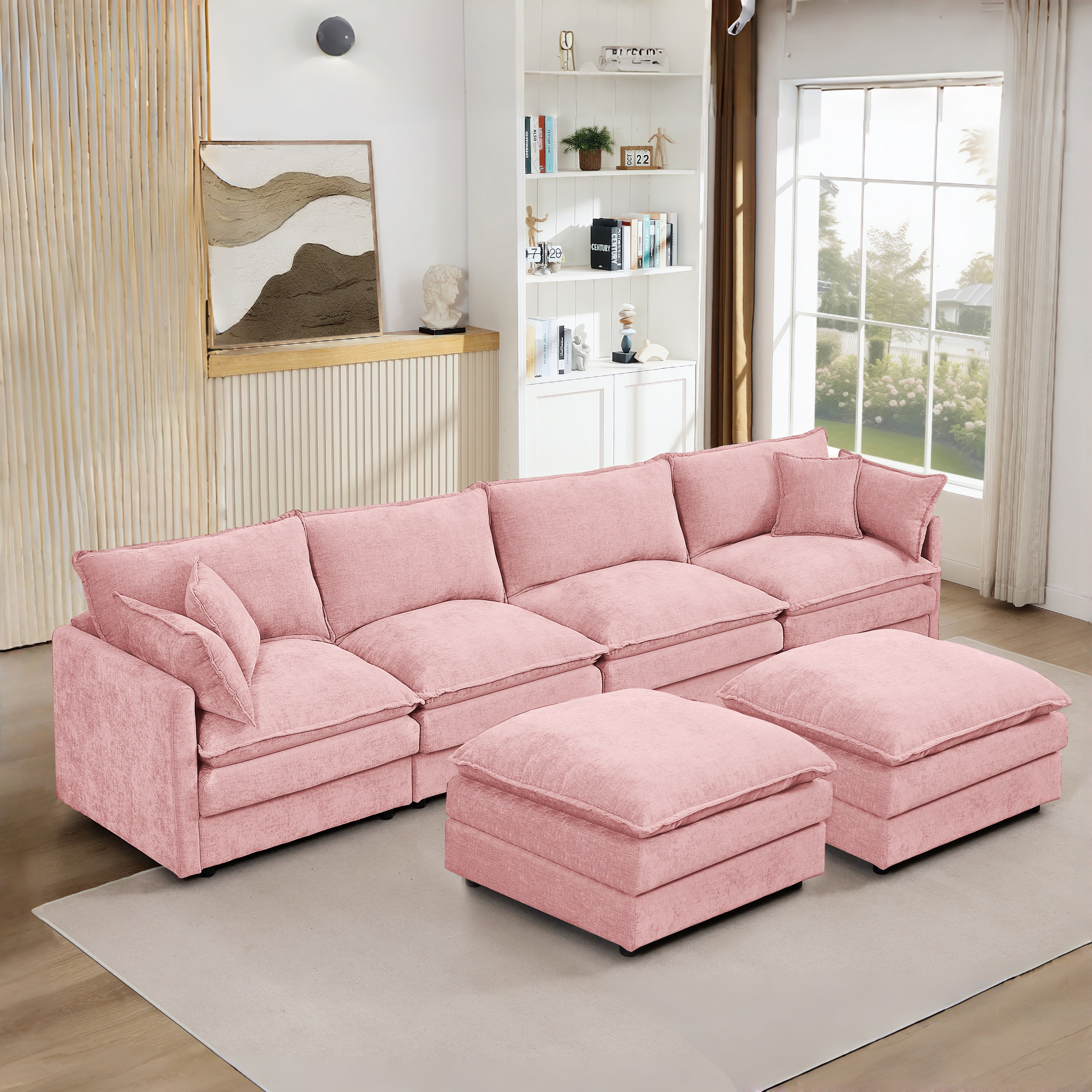 Modular Sectional Sofa, 130.7 Inch U Shaped Couch Set For Living Room, 4-Seater Comfy Cloud Couches With Movable Ottoman, DIY Combination, Chenille