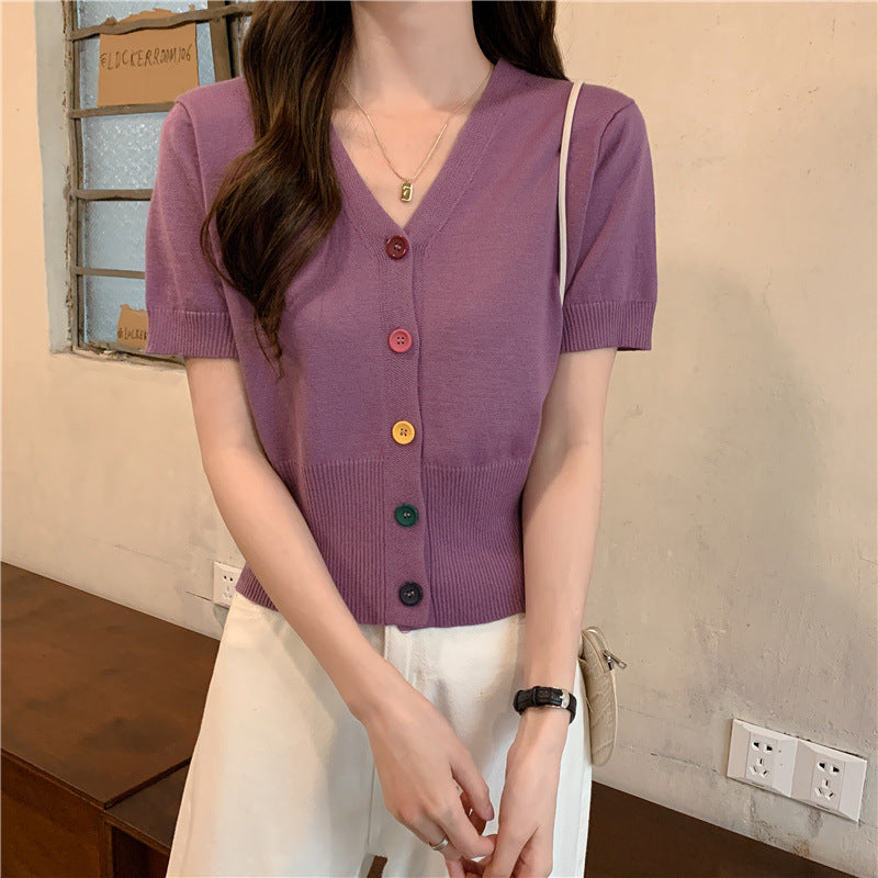 Short Sleeve Ice Silk Knitted T-shirt Women