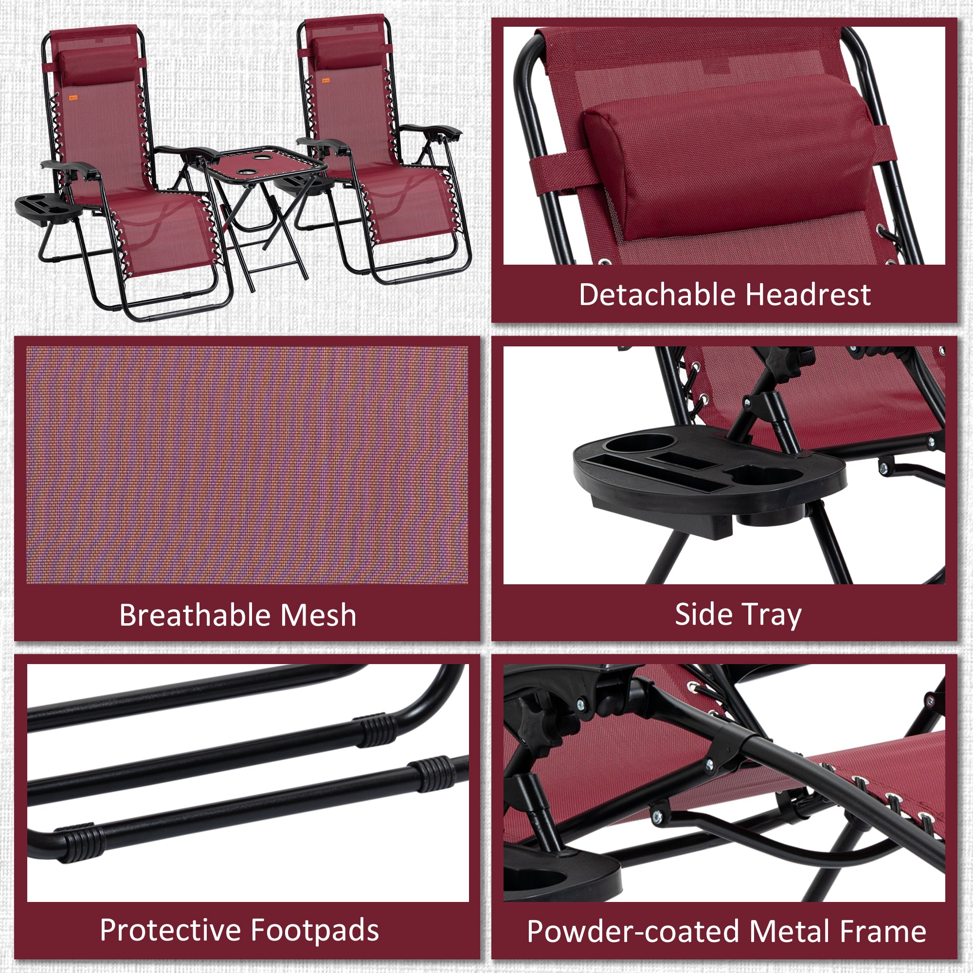 Zero Gravity Chair Set with Side Table, Folding Reclining Chair with Cupholders & Pillows, Adjustable Lounge Chairs for Pool, Backyard, Lawn, Beach, Wine Red