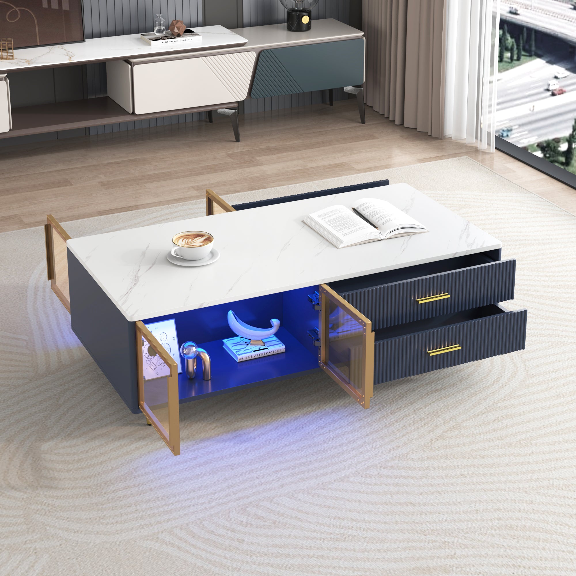 Modern Navy Blue Coffee Table With 2 Glass Door Storage, 4 Drawers, Gold Metal Legs, And Multi-Color Lighting In 47.2