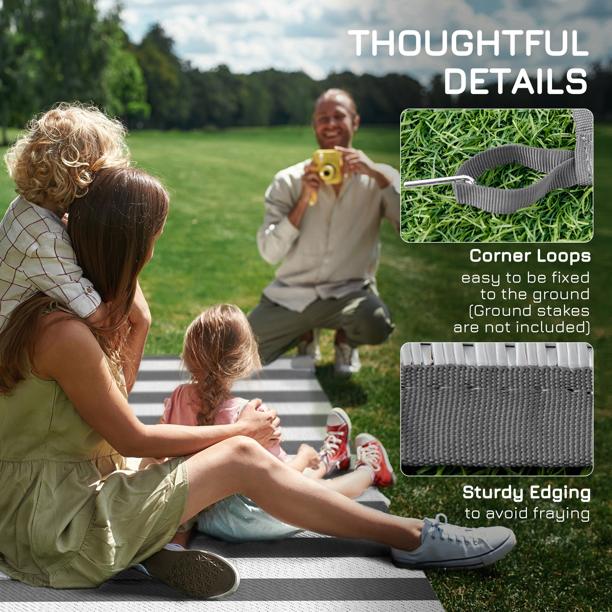 Reversible Outdoor Rug, 9' x 18' Waterproof Plastic Straw Floor Mat, Portable RV Camping Carpet, Large Floor Mat for Backyard, Deck, Picnic, Beach, Gray & White Striped