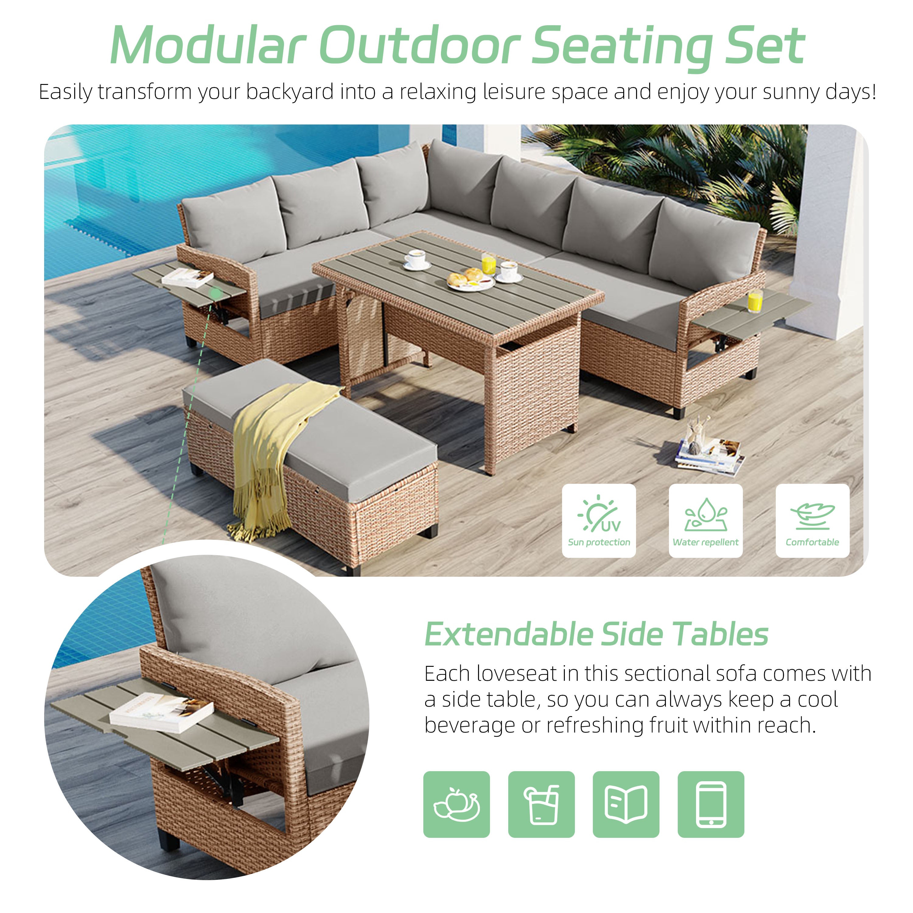 TOMAx 5- Piece Outdoor Patio Rattan Sofa Set  Sectional PE Wicker L- Shaped Garden Furniture Set With 2 Extendable Side Tables  Dining Table And Washable Covers For Backyard  Poolside  Indoor  Brown