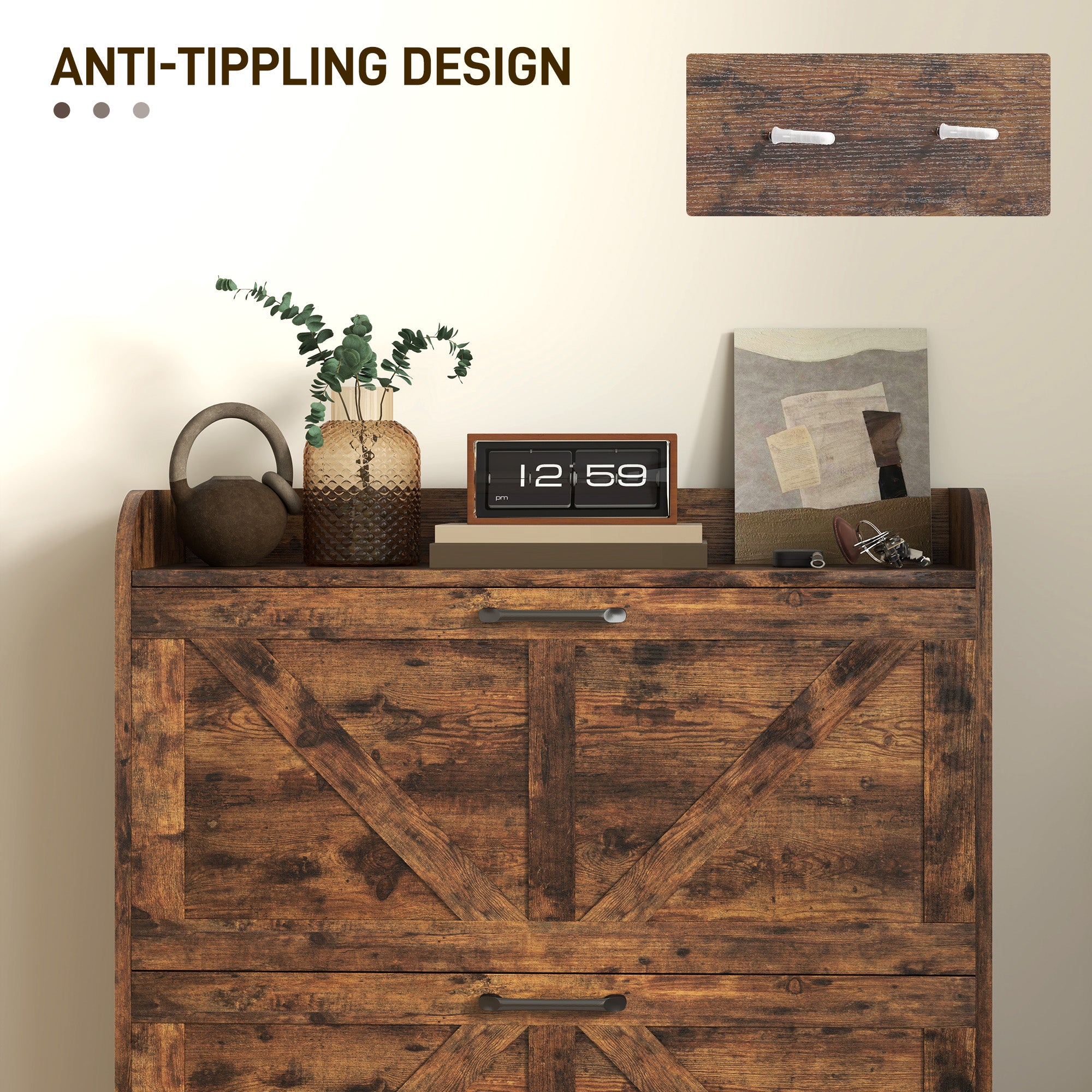 Shoe Cabinet Organizer with 2 Flip Drawers, Legs, Narrow Shoe Storage Cabinet for Entryway, Hallway, Rustic Brown