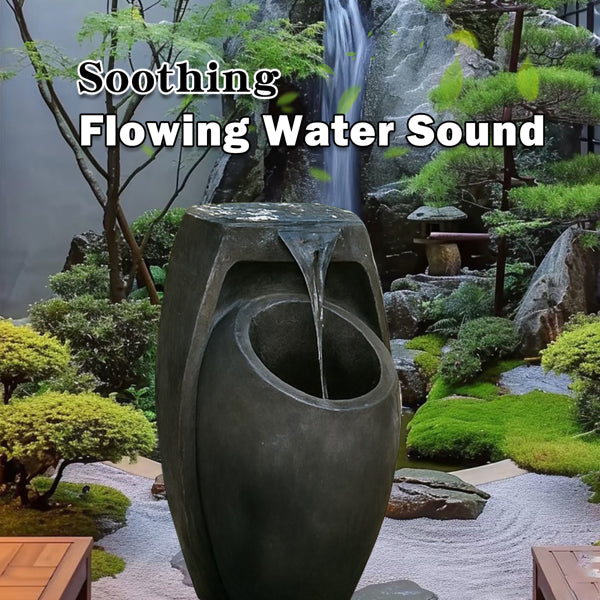 Backyard Water Fountain - 21.5 Tall Floor Standing Fountain, Indoor And Outdoor Modern Two-Tier Waterfall For Garden, Patio, Or Yard Decor