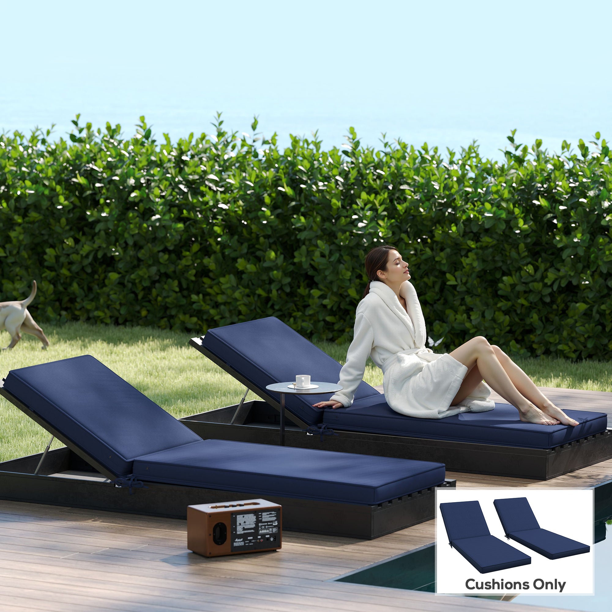 2-Piece Patio Chair Cushions With Backrests, Replacement Cushions For Outdoor Lounge Chair, Navy