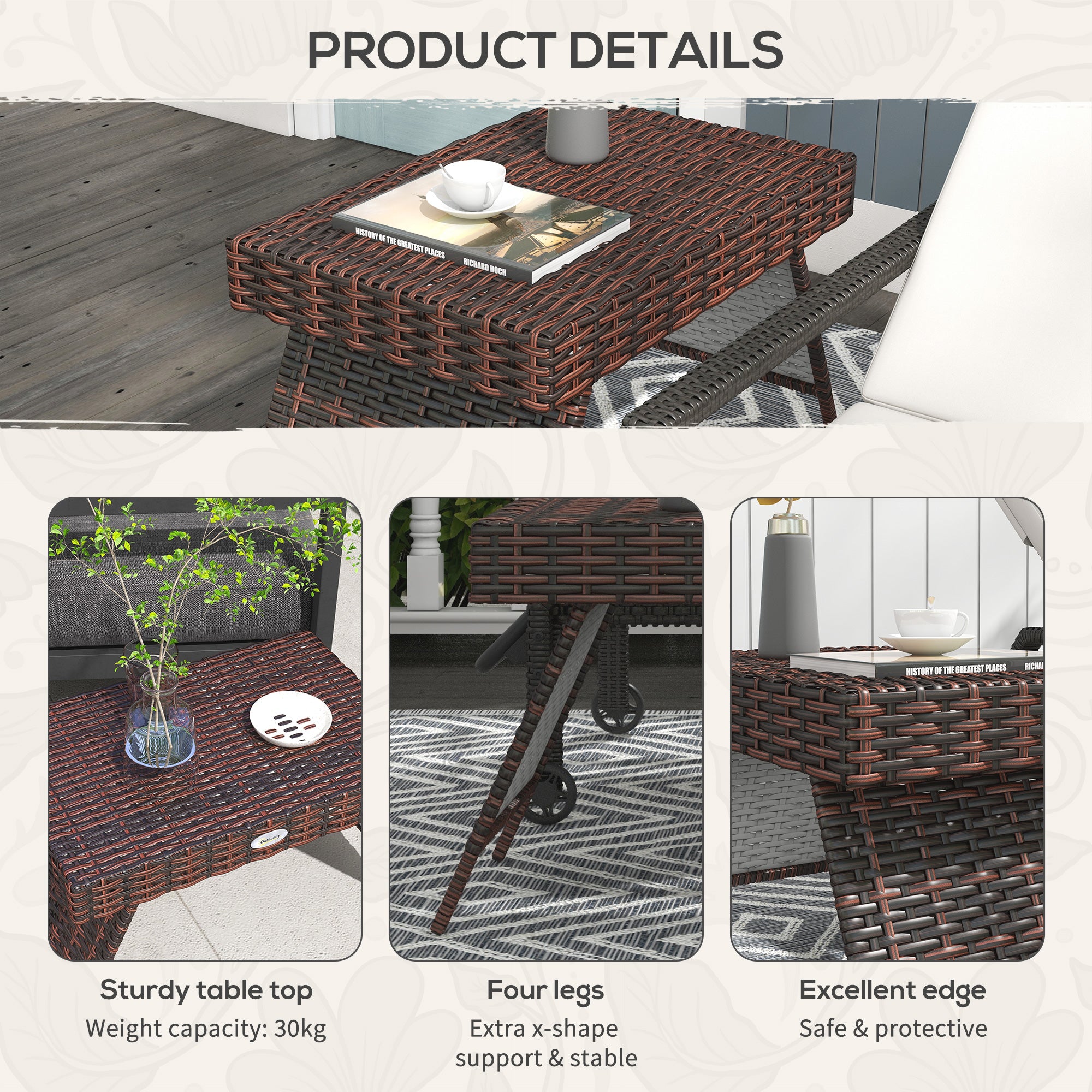 Folding Rattan Side Table, Outdoor End Table, Hand Woven PE Rattan Coffee Table for Balcony, Backyard, Garden, Lawn, Courtyard, Brown