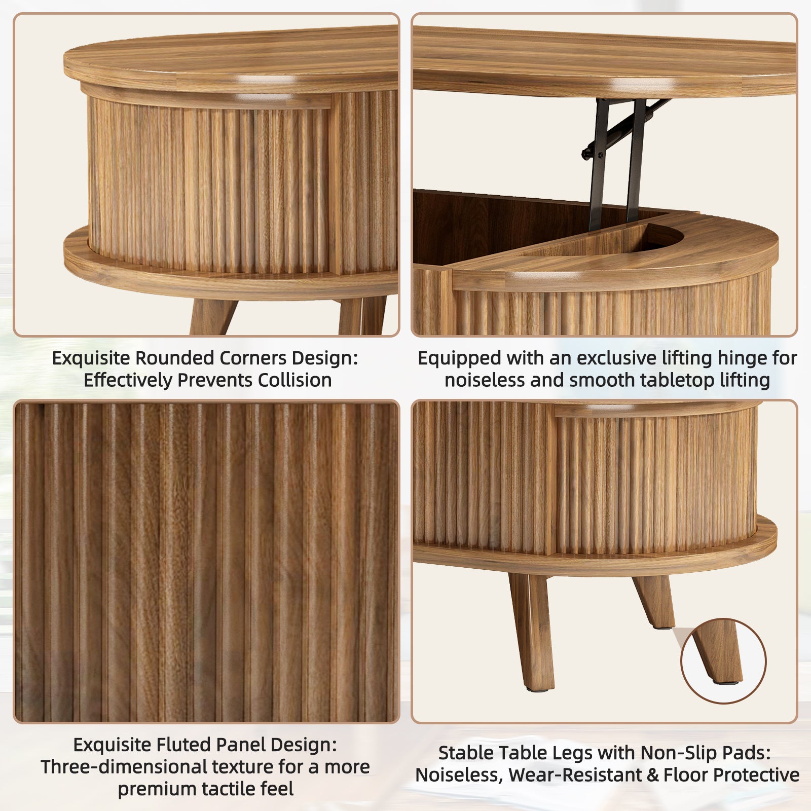 Fluted Lift Top Coffee Table With Hidden Compartment, Wooden Center Table, Modern Oval Lift Tabletop For Home Living Room Office, Walnut Brown Color