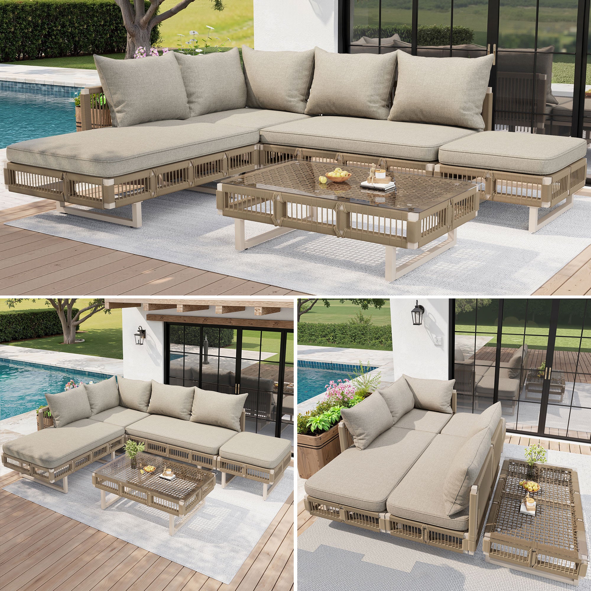 Modular Rope-Woven Outdoor Sofa Set With Tempered Glass Coffee Table, 10cm Thick Cushions, For Patio & Poolside