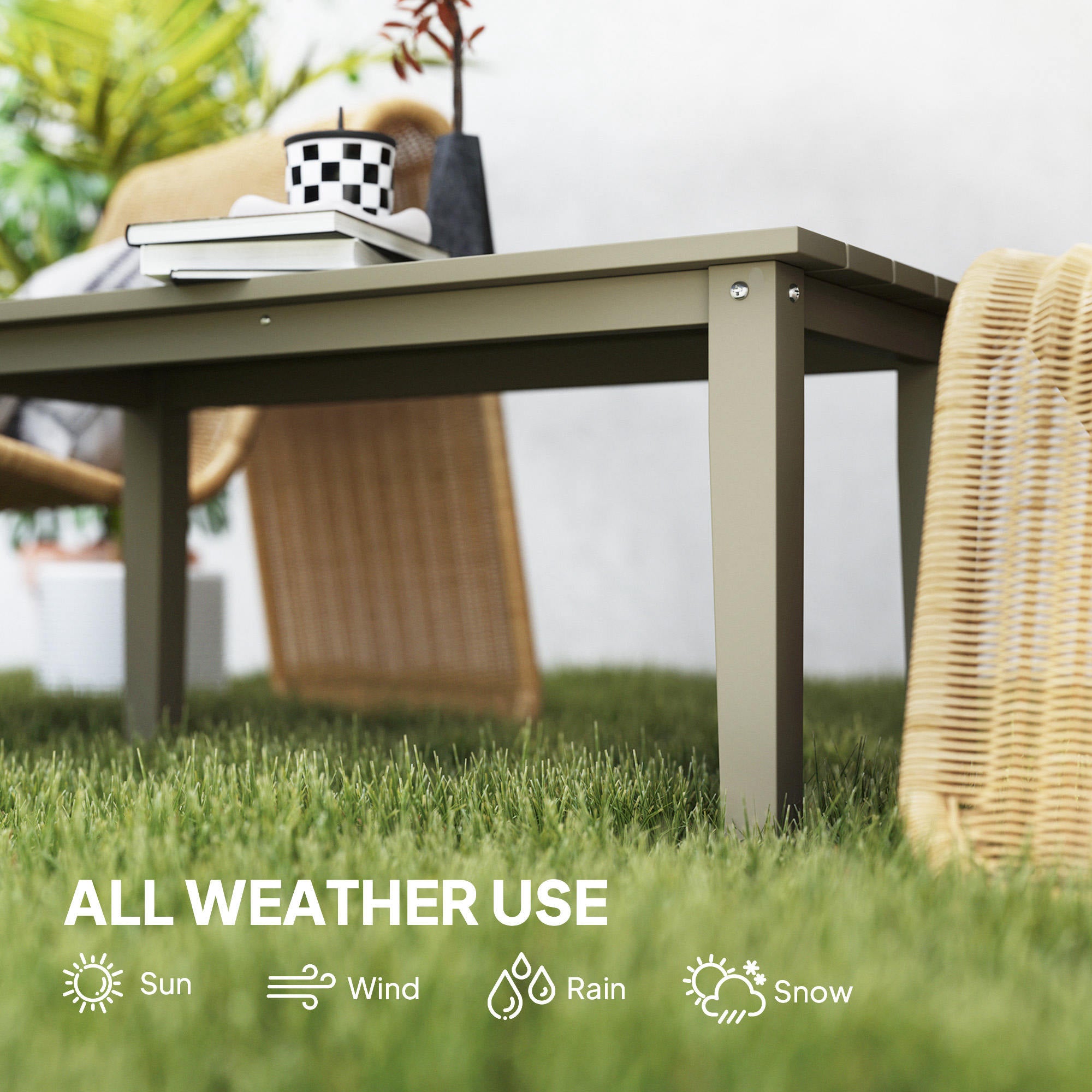 Rectangle Outdoor Coffee Table, HDPE All-Weather Outdoor Patio Table with Slatted Tabletop for Yard, Balcony, Brown