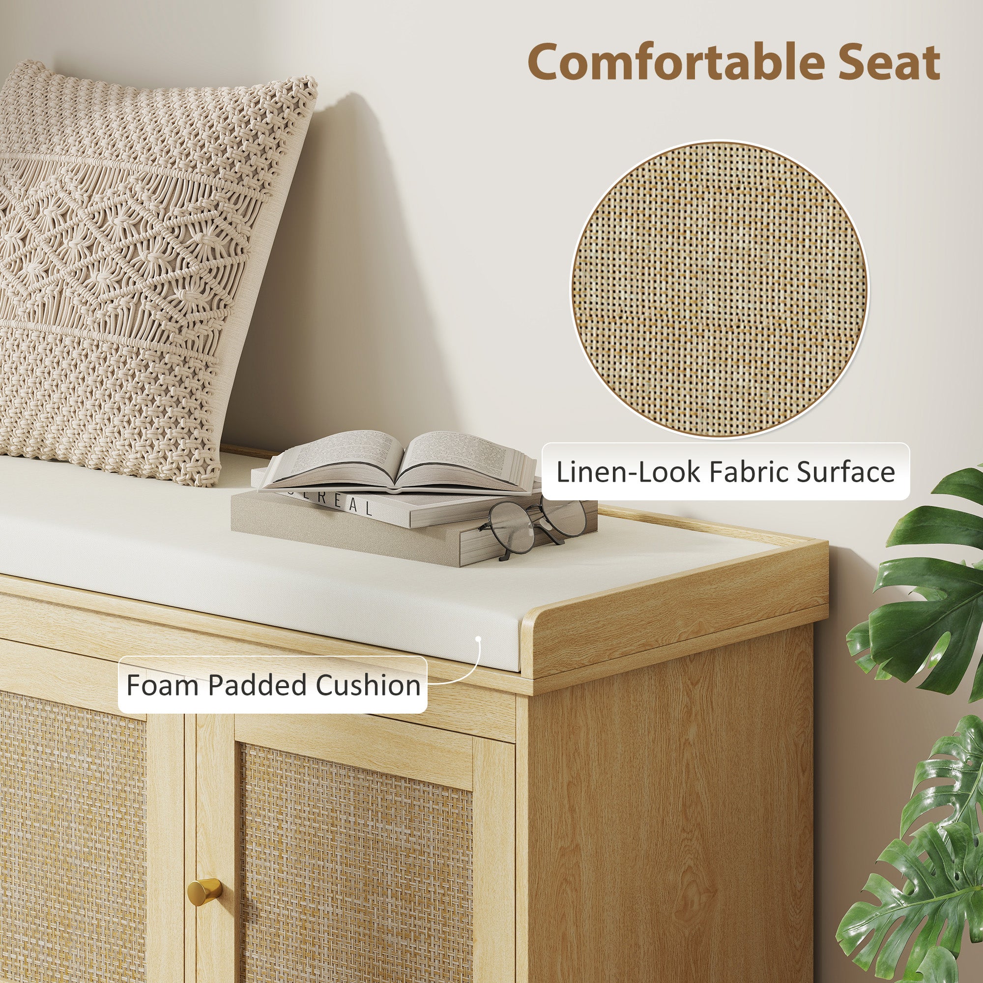 Shoe Storage Bench With Woven Rattan Doors, Shoe Bench