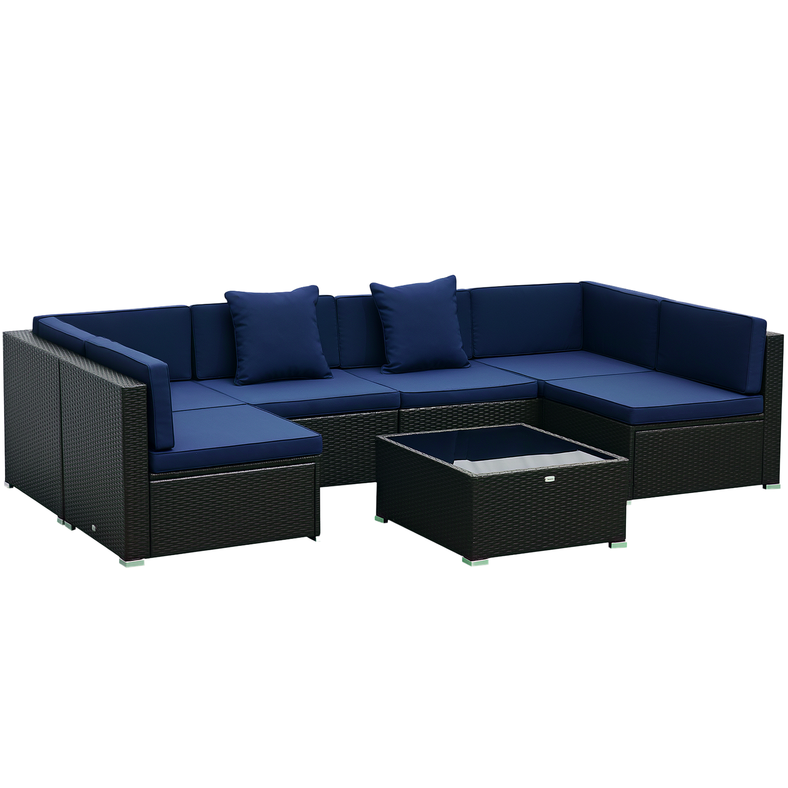 7-Piece Outdoor Wicker Patio Set, Tempered Glass Coffee Table, Cushions, for Family Backyard, Dark Blue