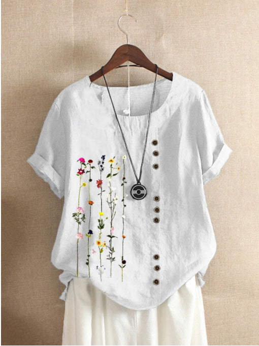 Retro Cotton And Linen Printed Loose Short-sleeved Shirt For Women