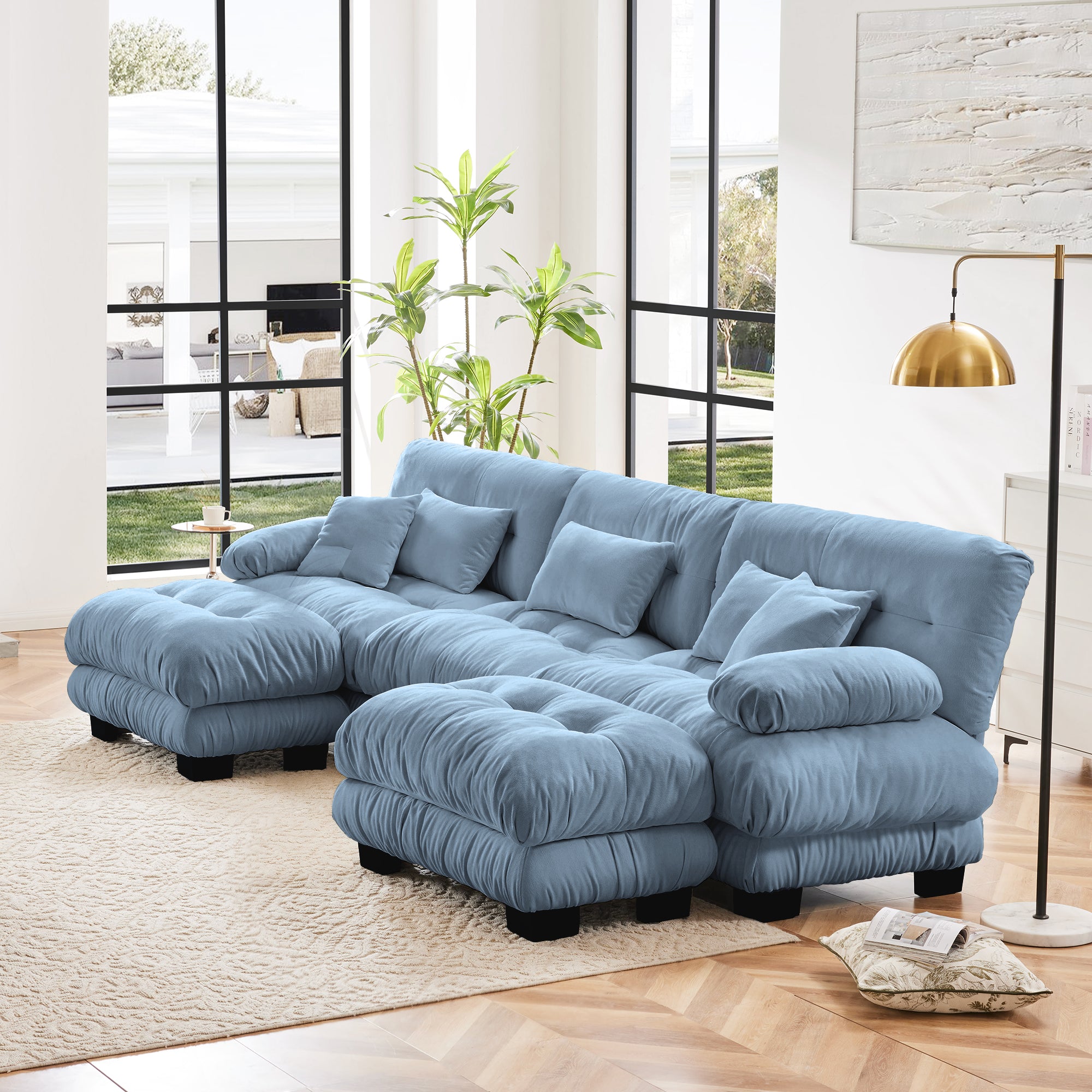 Luxury Modular Sectional Sofa Couch - Oversized U Shaped Cloud Couch For Living Room,Deep Seat Sofa Couch With 2 Ottomans ,Chenille Blue