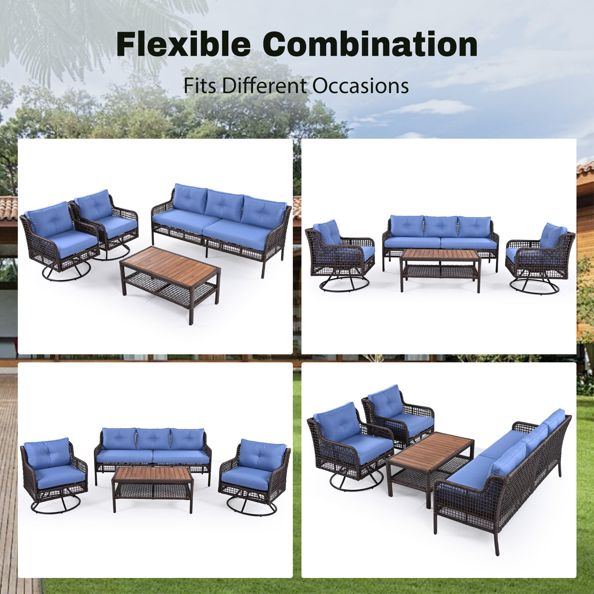 GO 4 Pieces Patio Furniture Set With Swivel Chairs, Outdoor Wicker Sofas For 5-person, Sectional Rattan Outdoor Conversation Set For Poolside  Deck, Blue