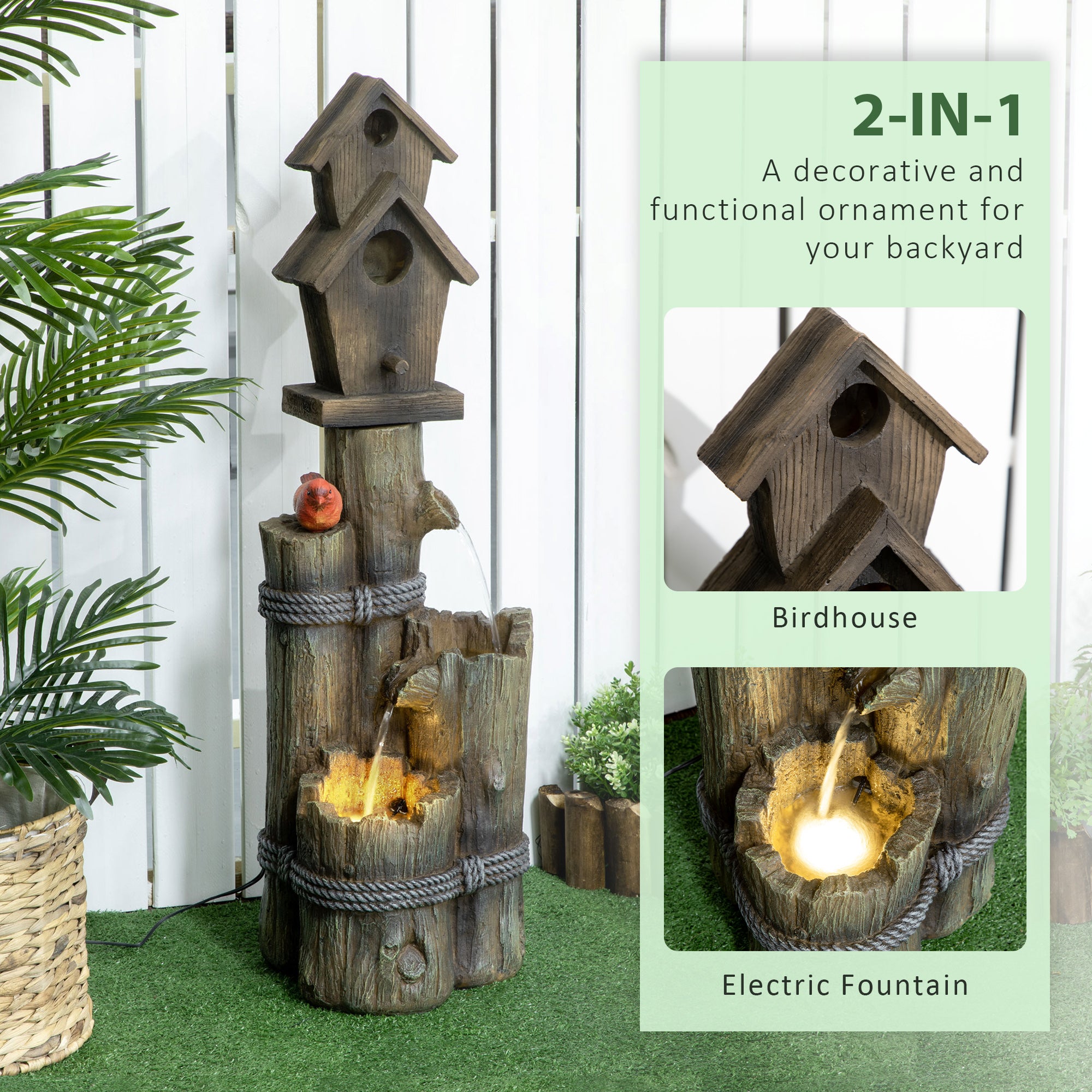 Outdoor Fountain With Birdhouse, Cascading Garden Waterfall Bird Bath With 3-Tier Rustic Tree Trunk / Log Design, LED Lights For Porch, Deck, Yard Decor, Brown