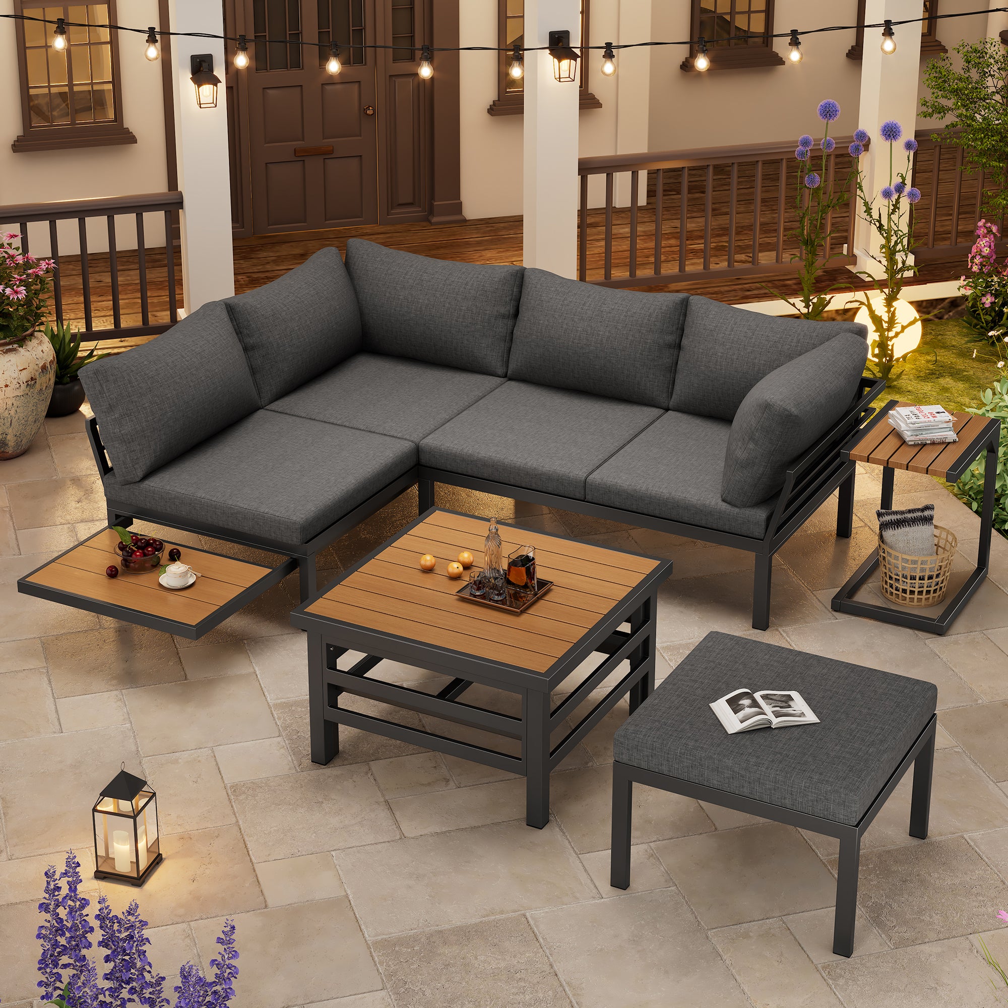 Outdoor Patio Furniture Set  2 Double Sofas  1 Ottoman , 1 Plastic Lift-Top Coffee Table, Galvanized Iron Frame, With Seat Cushions & Pillows, Includes Small Side Table With Extendable Tabletop