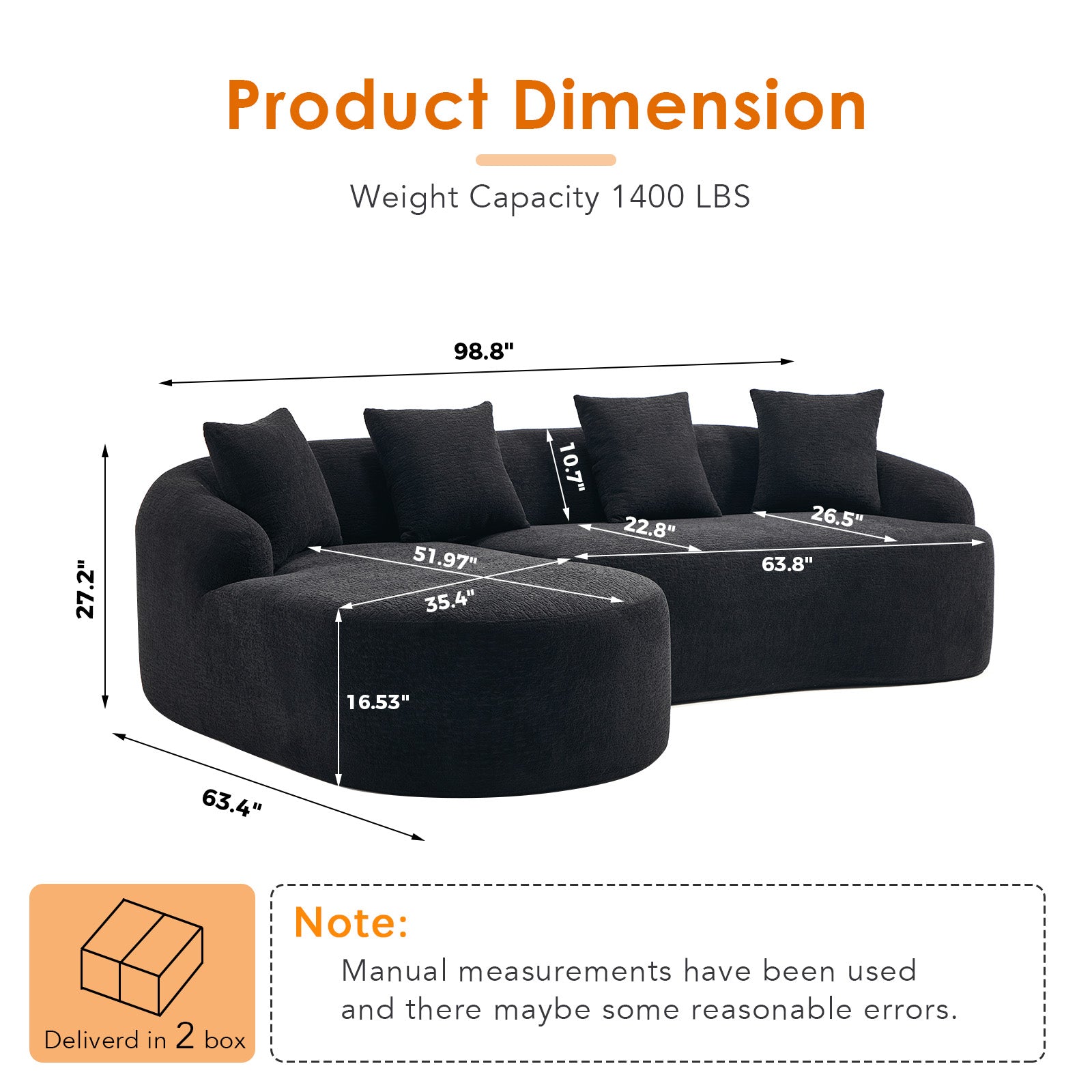 Compression L-Shape Sectional Sofa With Curved Chaise Black Modular Chenille Boneless N Couch 30D High-Density Foam Minimalist Modular Couches Sleeper For Living Room Bedroom Apartment Lounge.