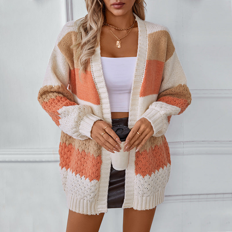 Drizzling Contrast Color Striped European And American Sweater Cardigan For Women