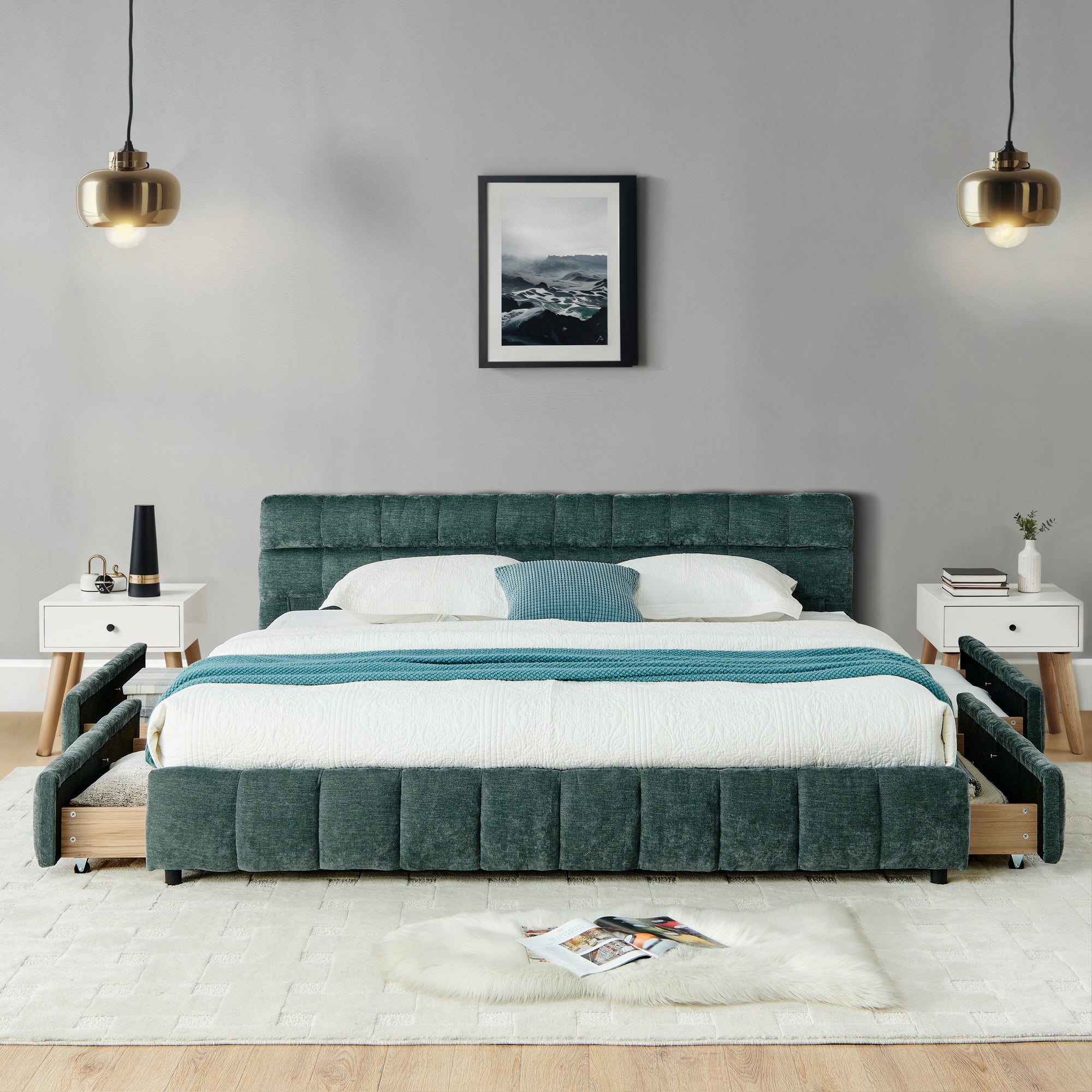 California King Size Upholstered Bed ,comfortable Upholstered Bed Frame, Chenille Fabric, With Headboard And Solid Bed Frame. With Drawer For Storage.-Blue Green 90.5x80.5x31