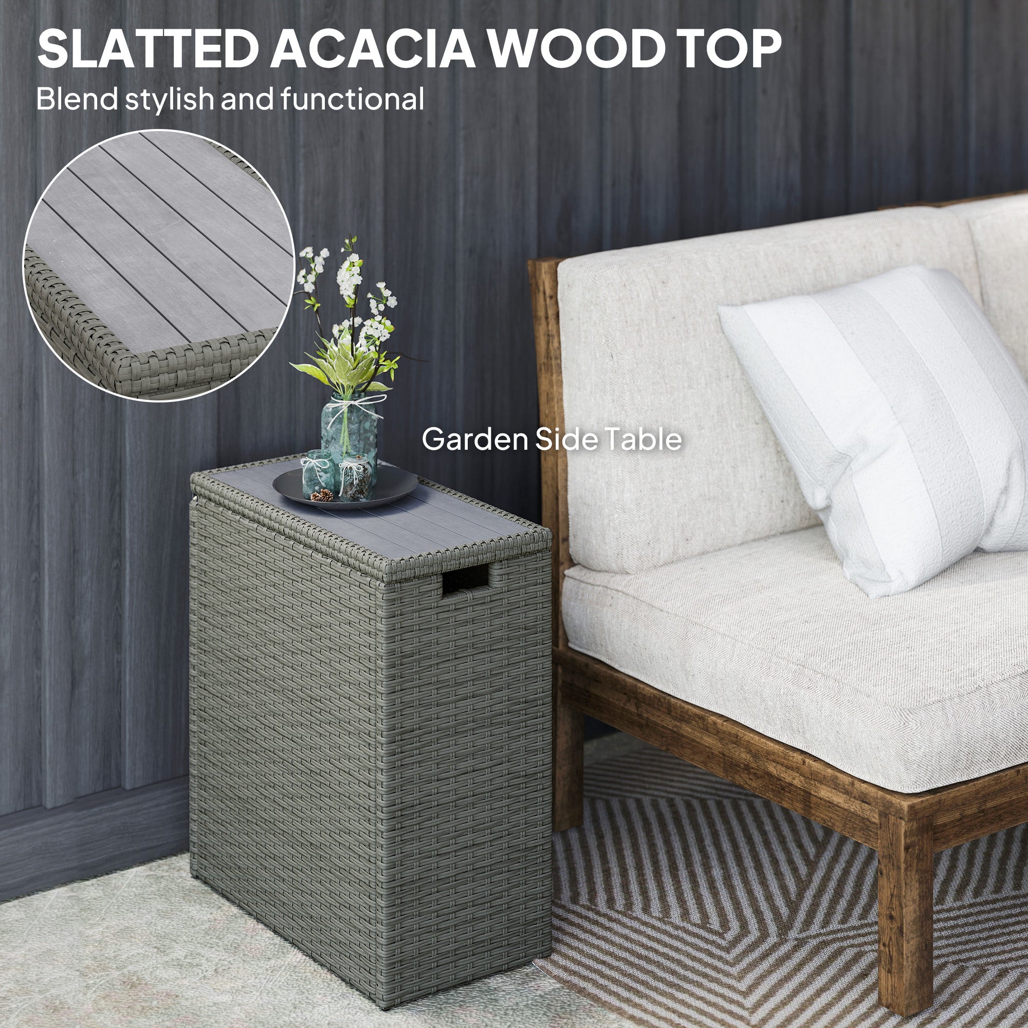 17-Gallon Small Deck Box, Wicker Outdoor Storage Box with Acacia Wood Top for Patio Cushions and Garden Tools, Gray