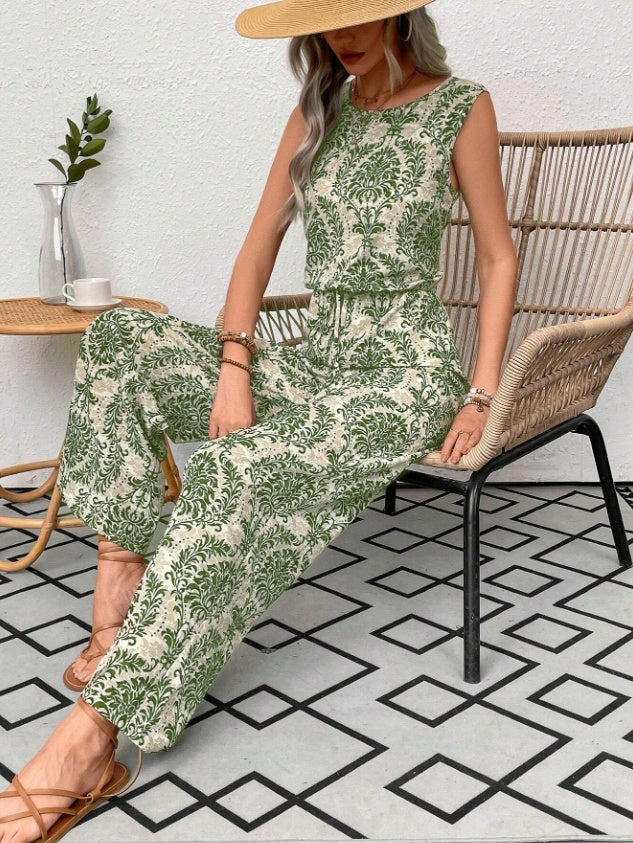 Printed Waist Cinching Casual Straight Leg Pants Set