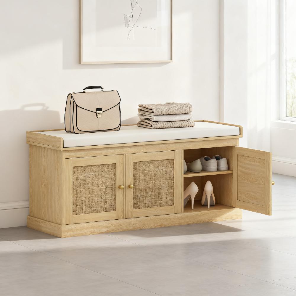 Shoe Storage Bench With Woven Rattan Doors, Shoe Bench