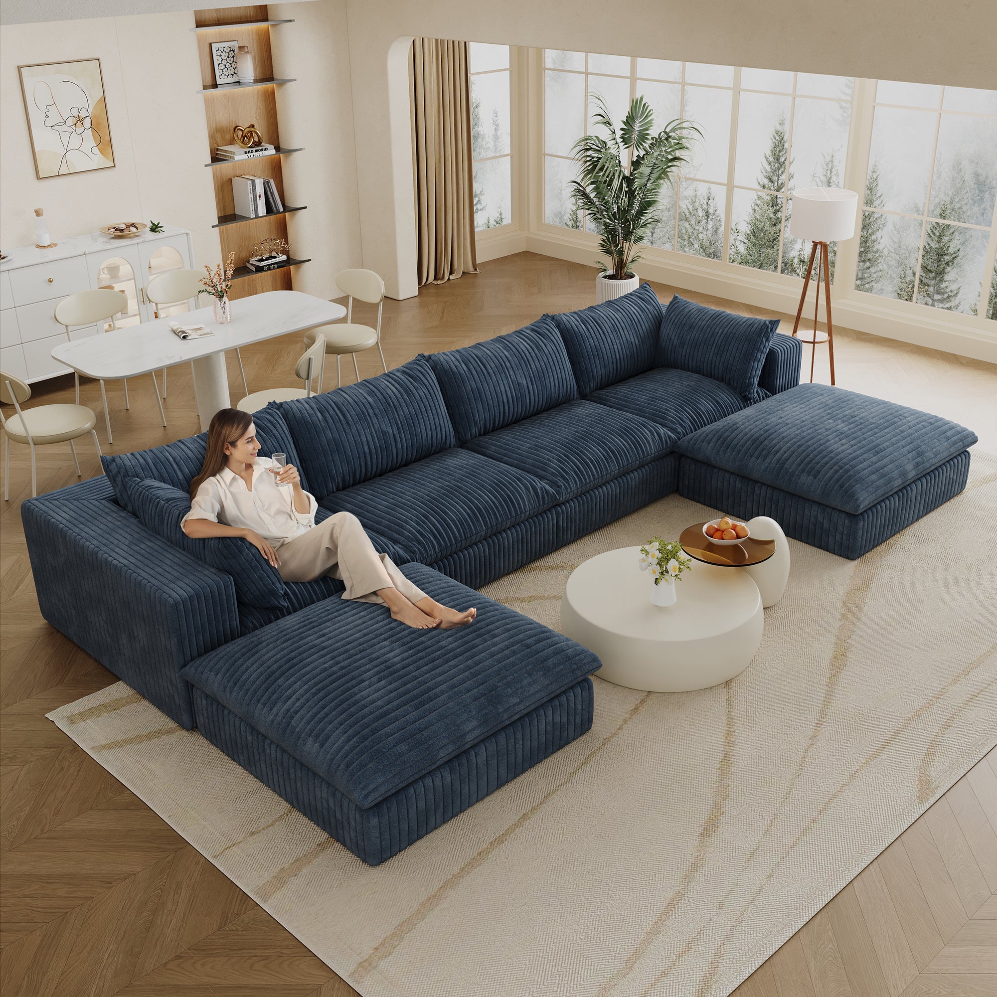 157.6Cloud Sofa,Corduroy Fabric,Deep Seat Couches,Double-layer Design,Removable  Cushion,No Assembly,DIY Combination For Living Room, Bedroom,Conference Room ,Apartment,Blue