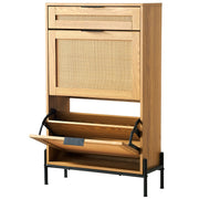 Rattan Shoe Cabinet, Narrow Shoe Storage Organizer With 2 Flip Rattan Drawers & 1 Slide Drawer, Metal Legs, Slim Shoe Entryway Cabinet Ideal For Entryway, Closet, Hallway, Light Wood Color