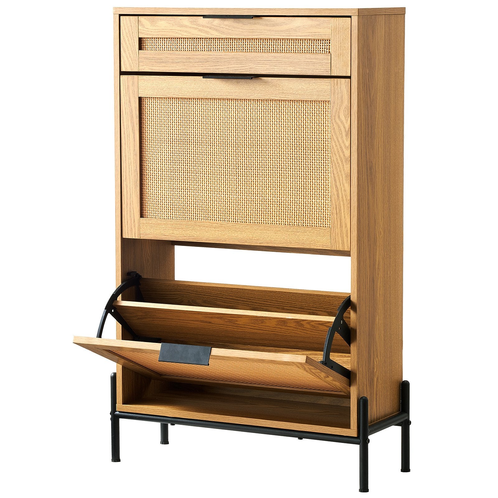 Rattan Shoe Cabinet, Narrow Shoe Storage Organizer With 2 Flip Rattan Drawers & 1 Slide Drawer, Metal Legs, Slim Shoe Entryway Cabinet Ideal For Entryway, Closet, Hallway, Light Wood Color