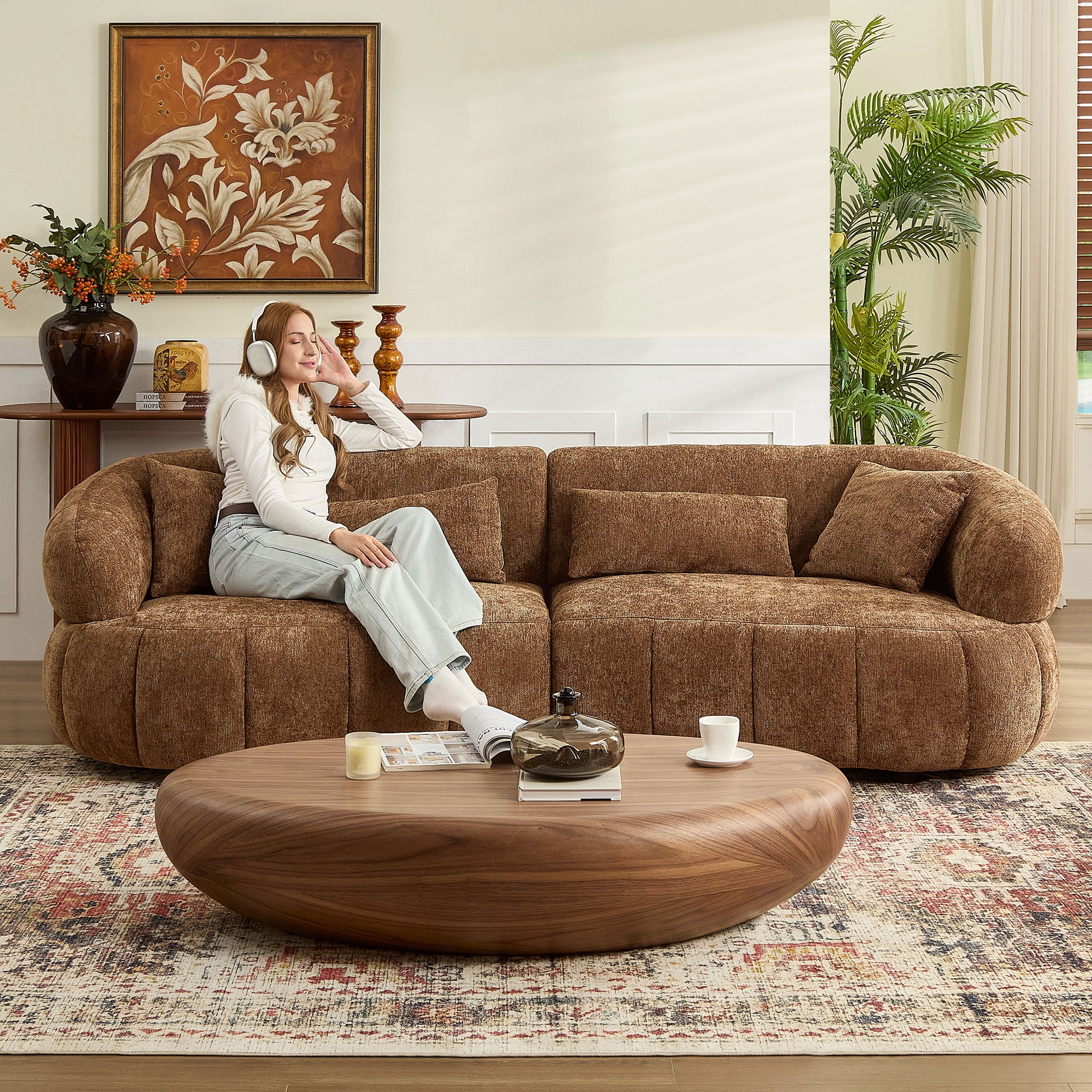 102.36 Inch Cloud-Like Sofa,Modern Sectional Curved Sofa,Textured Fabric Couch,Upholstered 4-Seat Comfy Sofa For Living Room,Brown