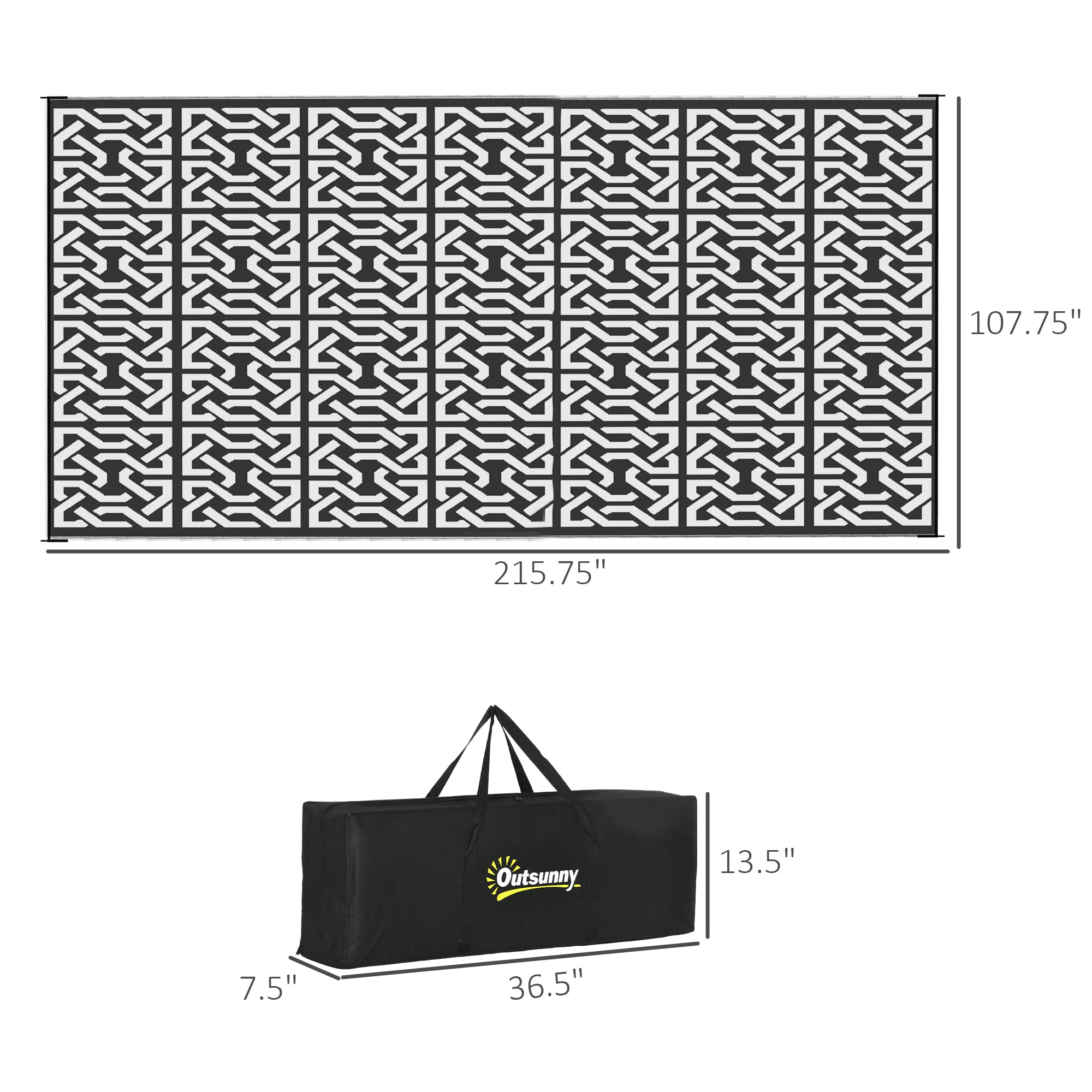 Reversible Outdoor Rug Carpet RV Camping Rugs with Carry Bag, 9' x 18', Black & White Chain