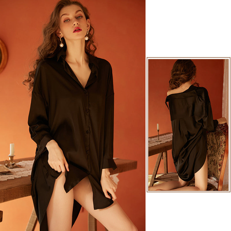 Boyfriend Style Shirt Pajamas Women Morning Gown Silk Home Clothes