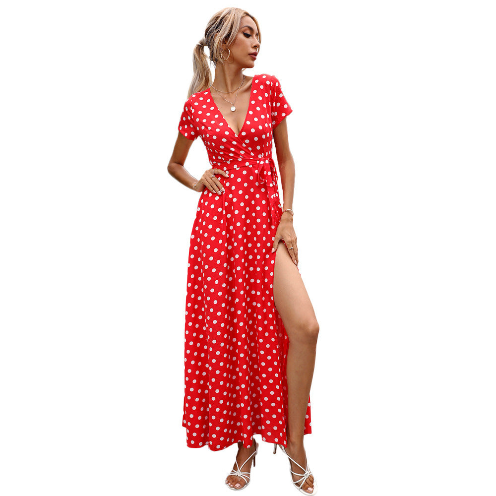 Summer Waist Trimming Short-sleeved Polka Dot Split Dress Women