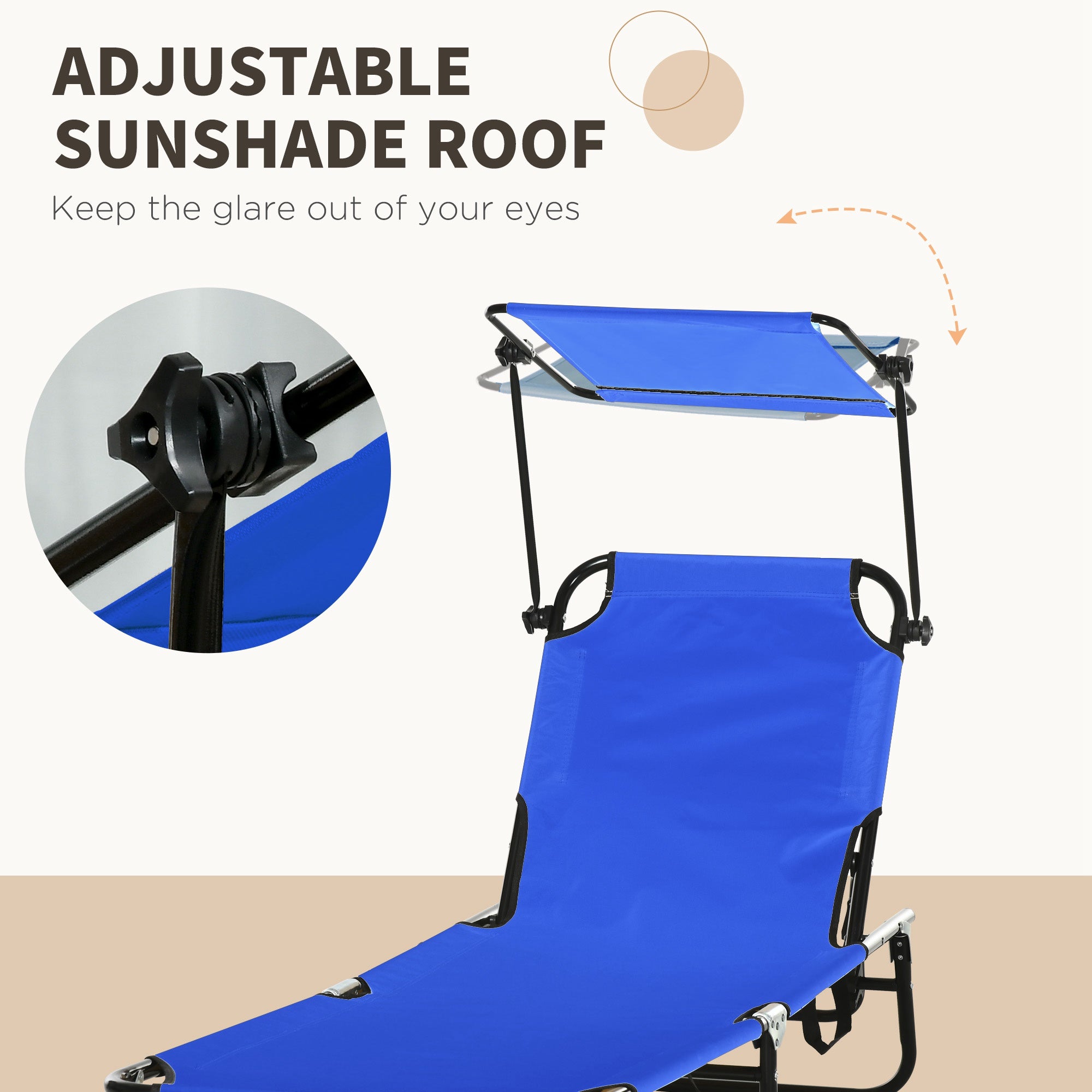 Pool Chaise Lounge Chairs Set Of 2, Folding Lounge Chairs With Sunshade, Reclining Back, Steel Frame, Blue