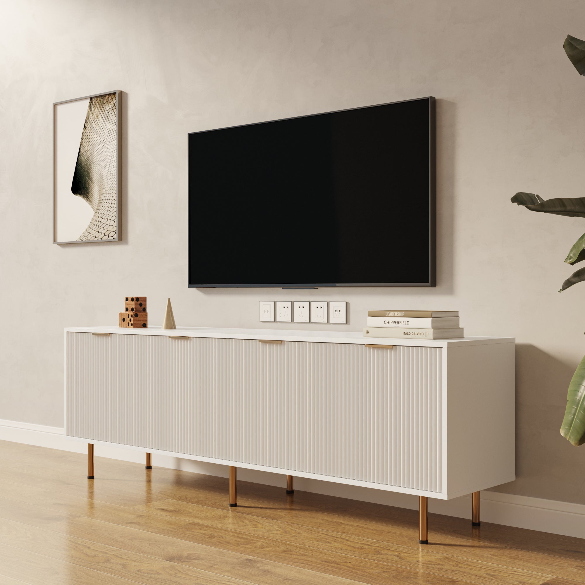 Modern Warm White TV Cabinet For 80 Inch TV Stands, For Living Room Bedroom