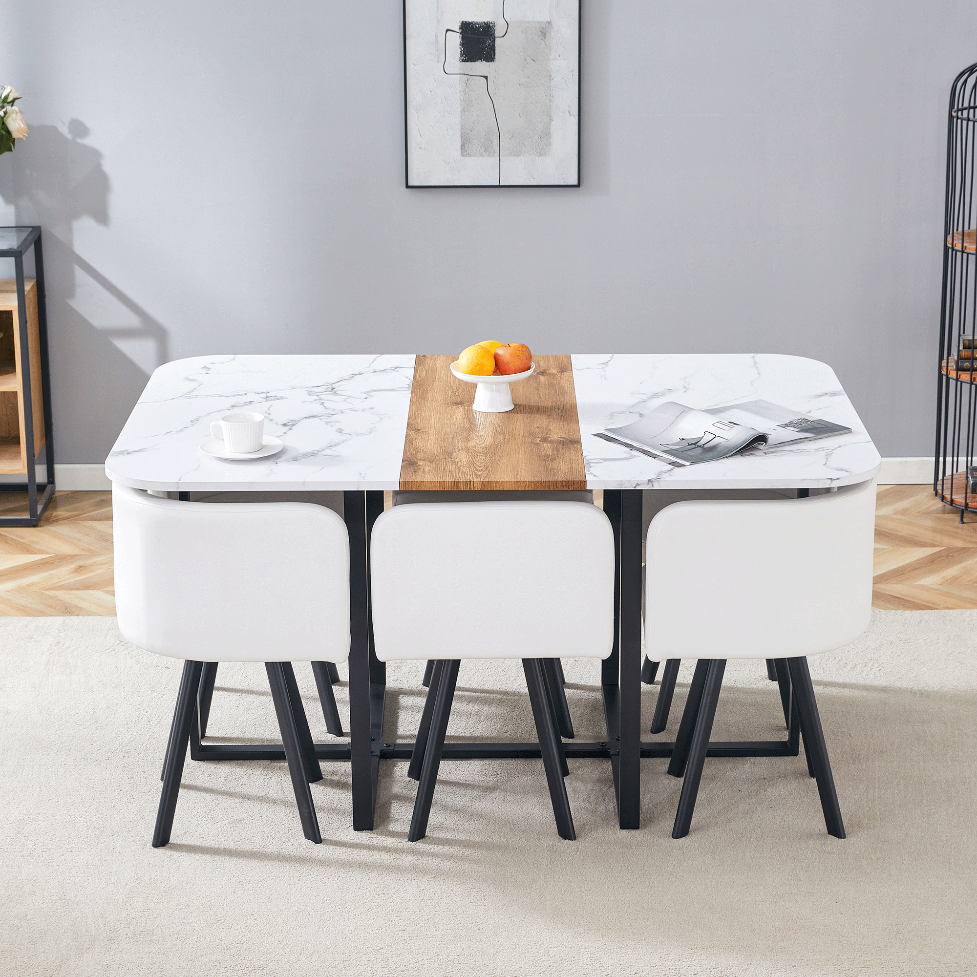 Modern Minimalist Style MDF Marble Pattern Joinery Dining Table With PU Leather Dining Chairs Six Piece Set, Suitable For Modern Minimalist, Nordic, Or Industrial Styles.
