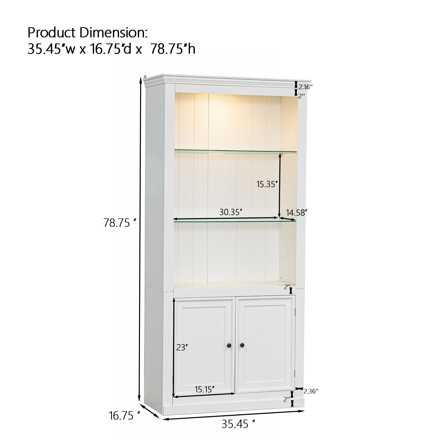 78.75 H 4-Tier Display Shelf, With 5-Colors Dimmable Ceiling Light, Freestanding Farmhouse Bookcases With Storage & Doors, Bookshelf With Adjustable Glass Shelves For Home & Office - White