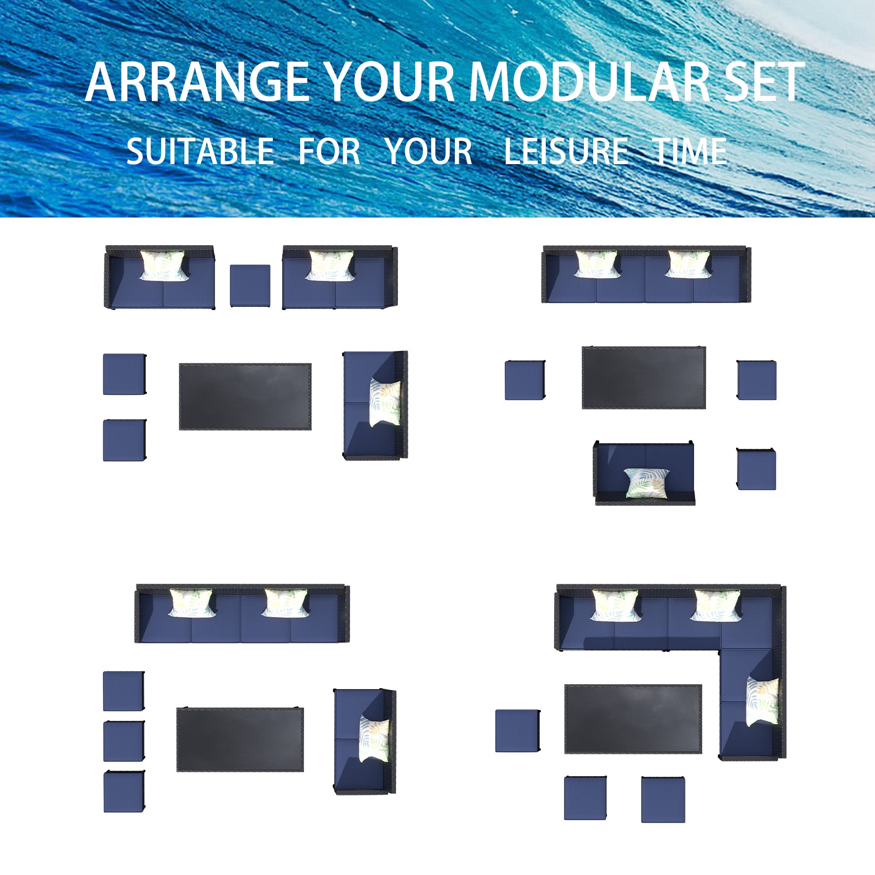 Small Space Patio Furniture 7-piece Outdoor Furniture Set, Backyard Furniture Set, Waterproof Seat Cushion, Glass Table, Space Saving, Suitable For Backyard, Terrace Or Garden,Dark Blue